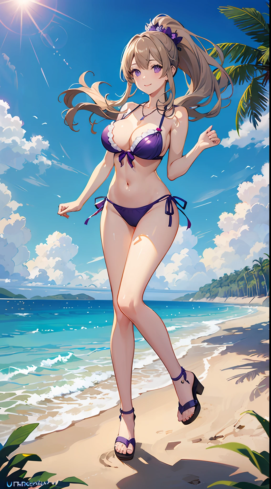 ((masutepiece)), ((Best Quality)), (Ultra-detailed), ((kawaii)), Cute, (lovely), ((Sexy)), (Ero), ((Extremely detailed)), 4K, (8K), Best Quality, (Beautiful), Anime style, Dynamic Angle, ((Full body)), Colorful, full body focus, Beach, Pool, Beautiful sky, Daytime, Summer, Cute s, 1girl in, Solo, maikurobikini, Beautiful light brown hair, Beautiful purple eyes, ((Beautiful eyes)), White-skinned, Ponytail, Transparent hair, translucent hair, large full breasts, Necklace, lightsmile, Lens Flare, Wind-effect, shiny-glistening, gleaming, wetted by water, reflection effect