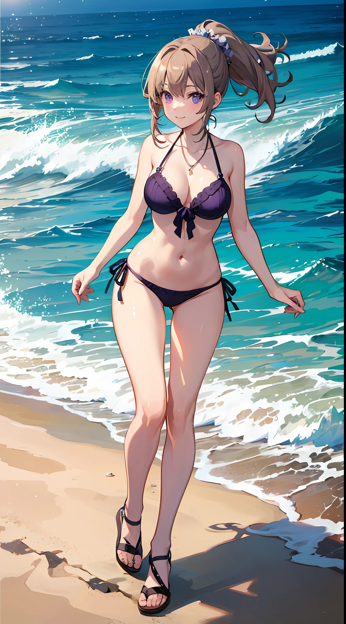 ((masutepiece)), ((Best Quality)), (Ultra-detailed), ((kawaii)), Cute, (lovely), ((Sexy)), (Ero), ((Extremely detailed)), 4K, (8K), Best Quality, (Beautiful), Anime style, Dynamic Angle, ((Full body)), Colorful, full body focus, Beach, Pool, Beautiful sky, Daytime, Summer,  s, 1girl in, Solo, maikurobikini, Beautiful light brown hair, Beautiful purple eyes, ((Beautiful eyes)), White-skinned, Ponytail, Transparent hair, translucent hair, large full breasts, Necklace, lightsmile, Lens Flare, Wind-effect, shiny-glistening, gleaming, wetted by water, reflection effect