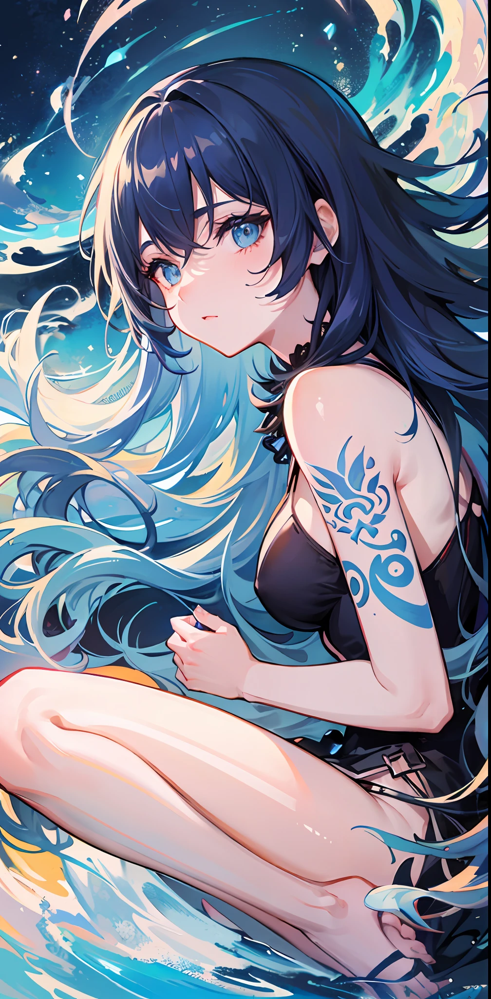 Ultra-high definition 2D art, close-up (1 woman), light blue hair, 2D animation style, soft and delicate depiction, attention also on her full-body tattoos (full-body art), landscape mode, masterpieces by Guweiz and James Jean, tattoo expert designs by CGSCOSITY, etc. A beautiful blue-haired girl who became a hot topic at the trend art station of Japan.