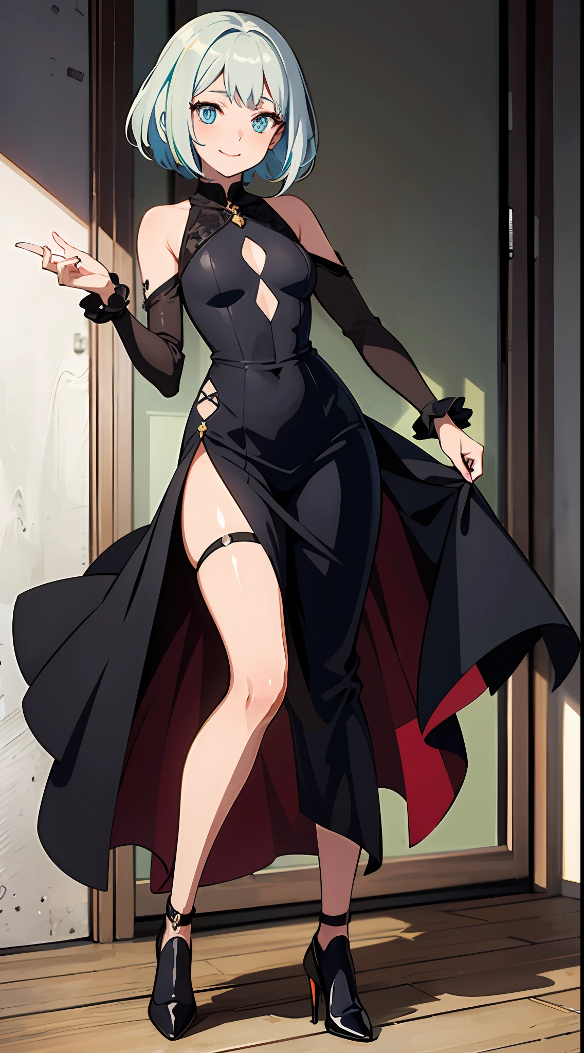 "A stylish and confident anime woman in a beautiful white long-sleeved business dress matched along with black stockings and heels showcasing a full body art. She is in her early 20s and possesses the charm and charisma of a glamorous Digimon character and has glamorous short silver hair, smiling, with the essence of a captivating female anime character. The illustration captures her vibrant personality, she has a unique feminine style along with her petiteness. The setting is inside of a gorgeous mansion."