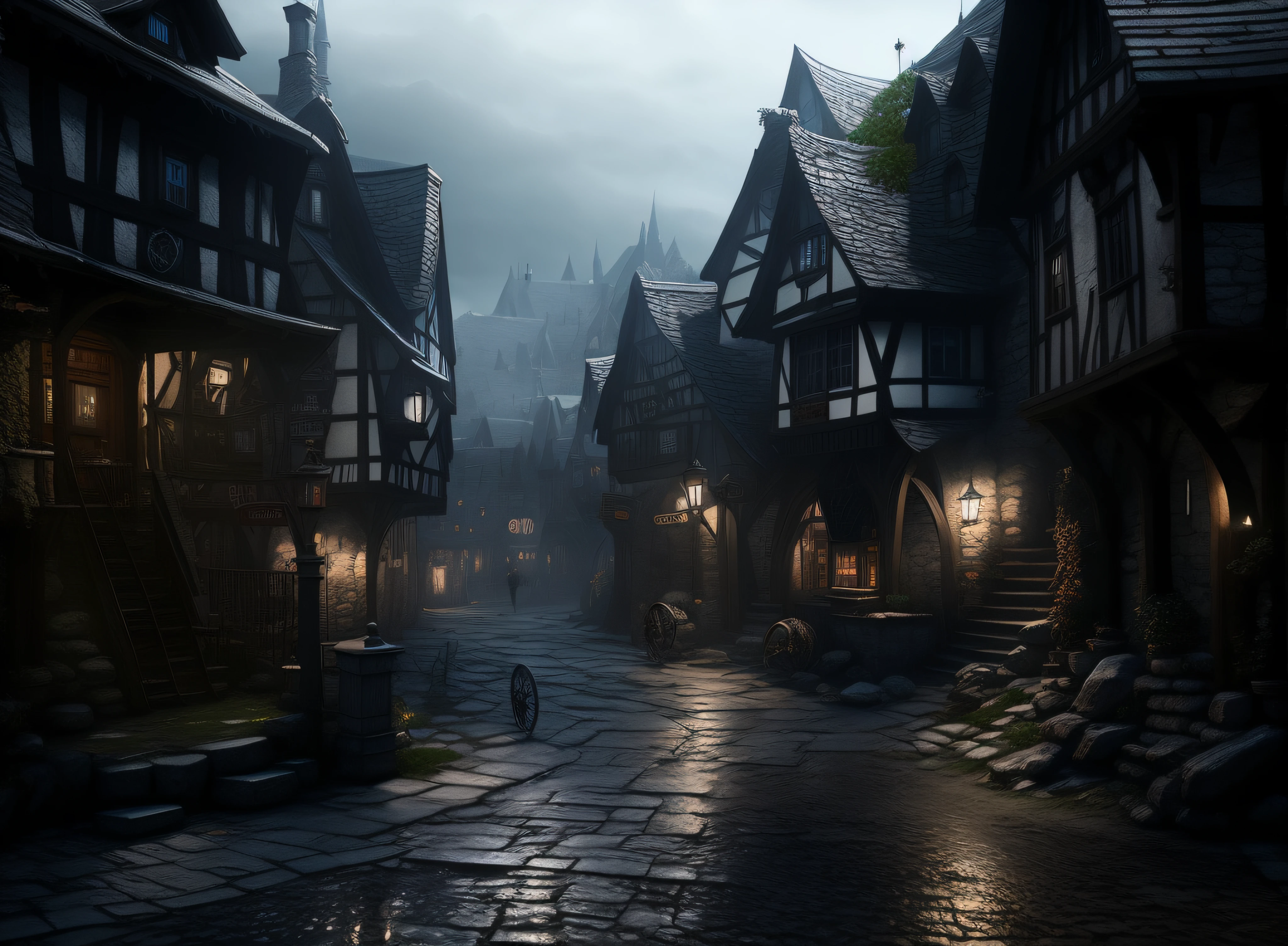 arafed view of a street with a lot of old buildings, whiterun in the style of pixar, the streets of baldur's gate, medieval city, medieval town, medieval village, villages , unreal engine, medeival fantasy town, medieval dark fantasy, photorealistic dark concept art, fantasy atmospheric lighting, realistic fantasy render, fantasy town setting