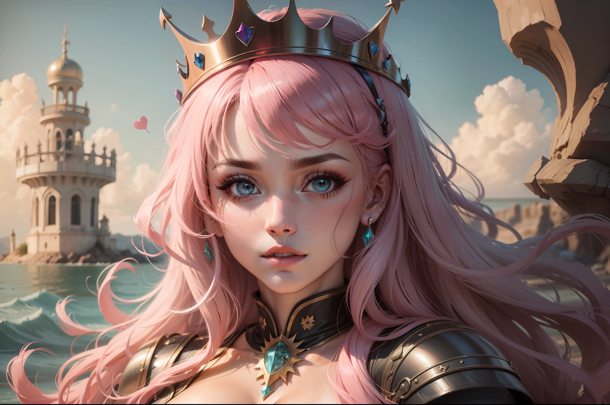 mulher delicada, cabelos rosa claro, olhos pretos, crown of hearts, olhos neon, princesa dos mares