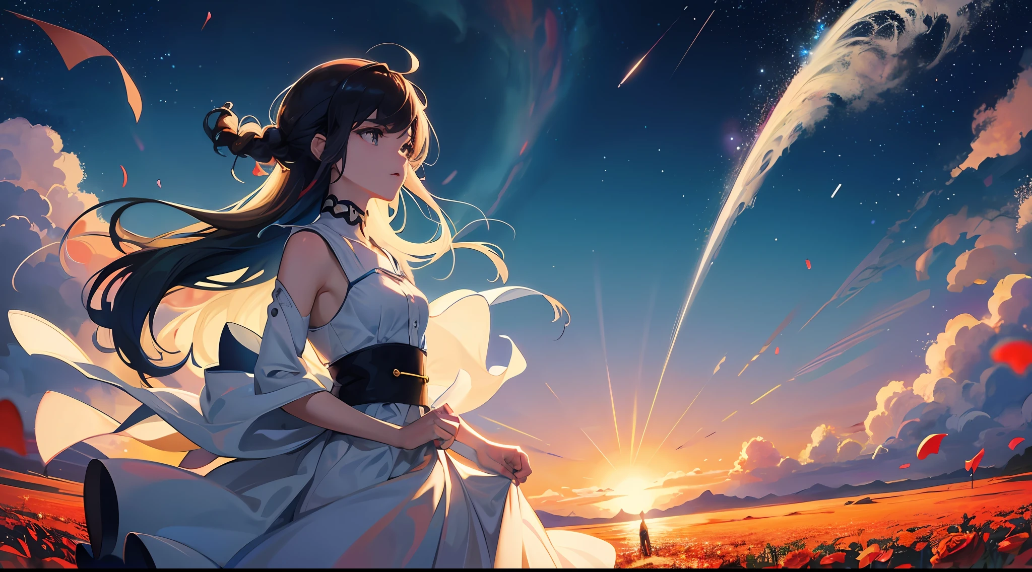 Starry sky with a woman standing in a field full of red roses, Olhando para as estrelas, girl looks at the space, anime com cabelo azul escuro em um vestido branco, girl in space, cosmos infinito no fundo, olhando para o cosmos, paper awesome wallpaper, on a galaxy background looking, meninaa no horizonte, staring into space, Makoto Shinkai Cirilo Rolando, Anime Art Wallpaper 4K