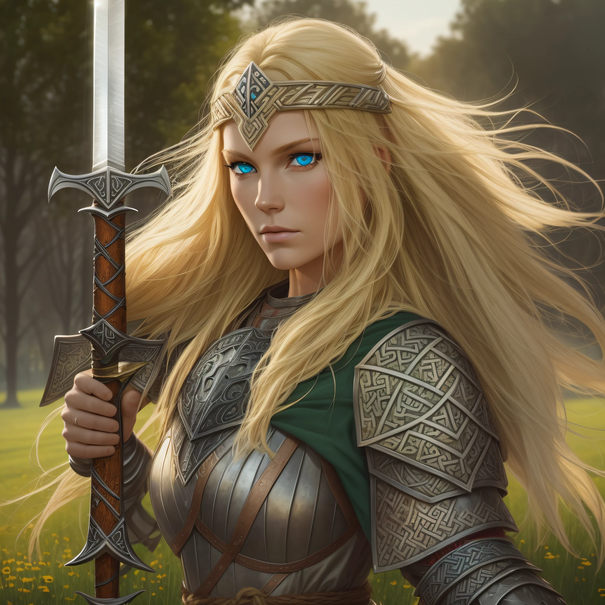 (blond hair,blue eyes,norse woman,medieval,tribal armor,sword,green field)