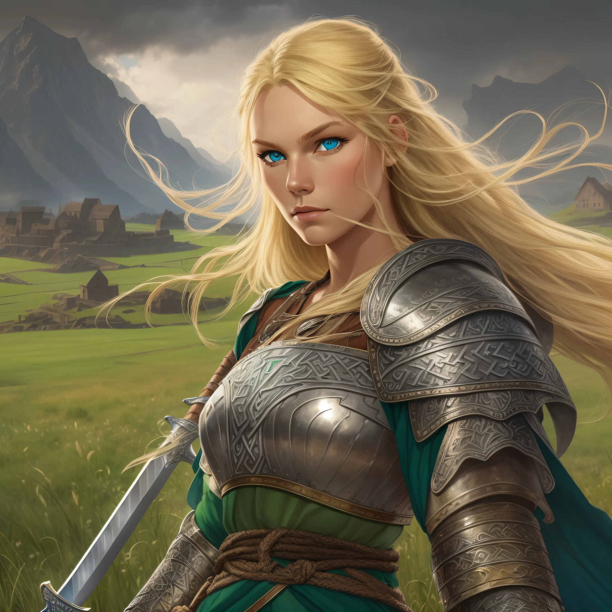 (blond hair,blue eyes,norse woman,medieval,tribal armor,sword,green field)