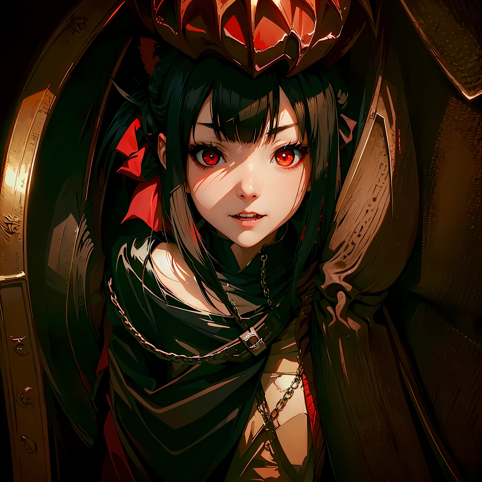 in a cage、Chained、Sharp and long fangs are visible from the mouth、Two vampire girls、twinsies、red eyes、