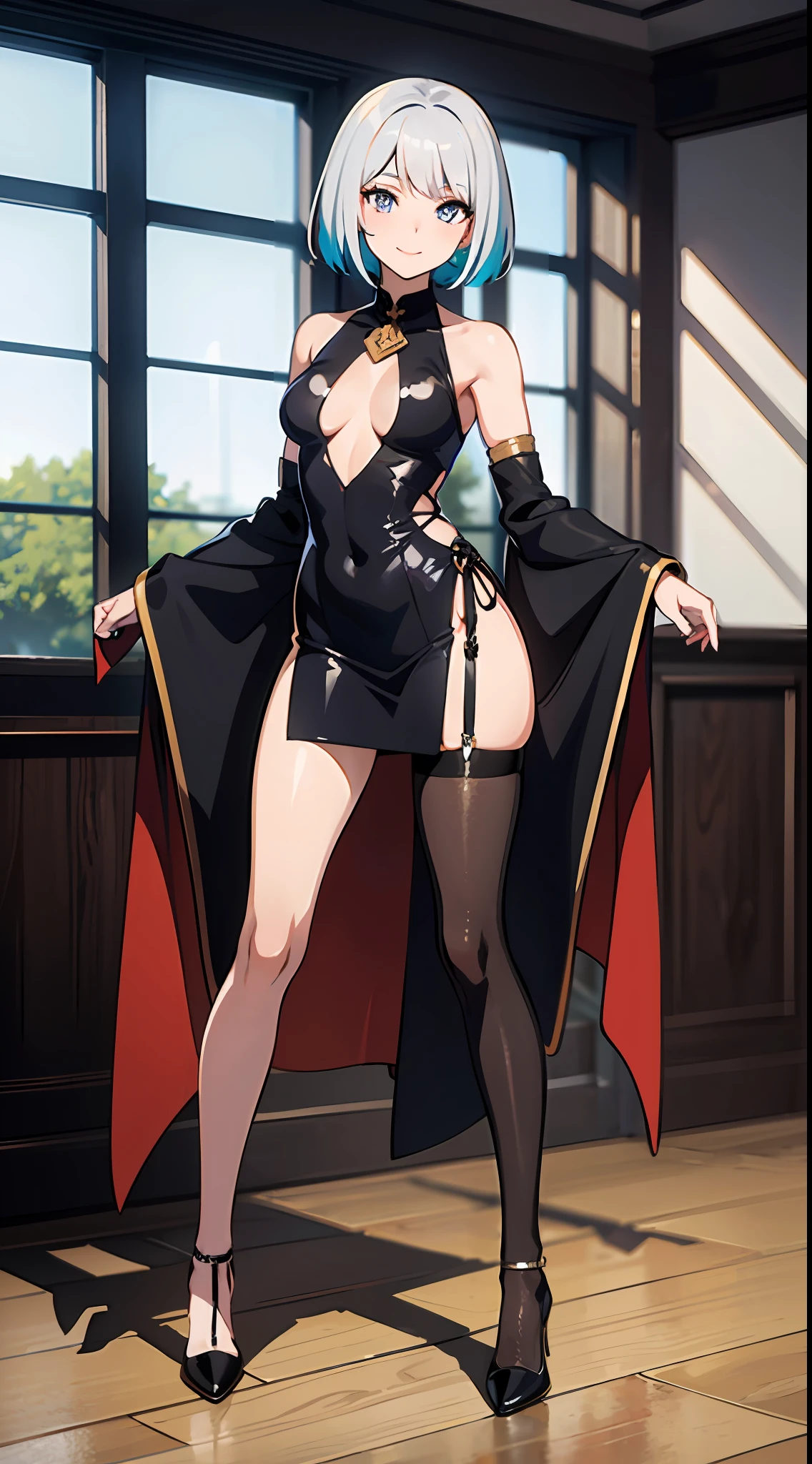 "A stylish and confident anime woman in a beautiful white long-sleeved business dress matched along with black stockings and heels showcasing a full body art. She is in her early 20s and possesses the charm and charisma of a glamorous Digimon character and has glamorous short silver hair, smiling, with the essence of a captivating female anime character. The illustration captures her vibrant personality, she has a unique feminine style along with her petiteness. The setting is inside of a gorgeous mansion."