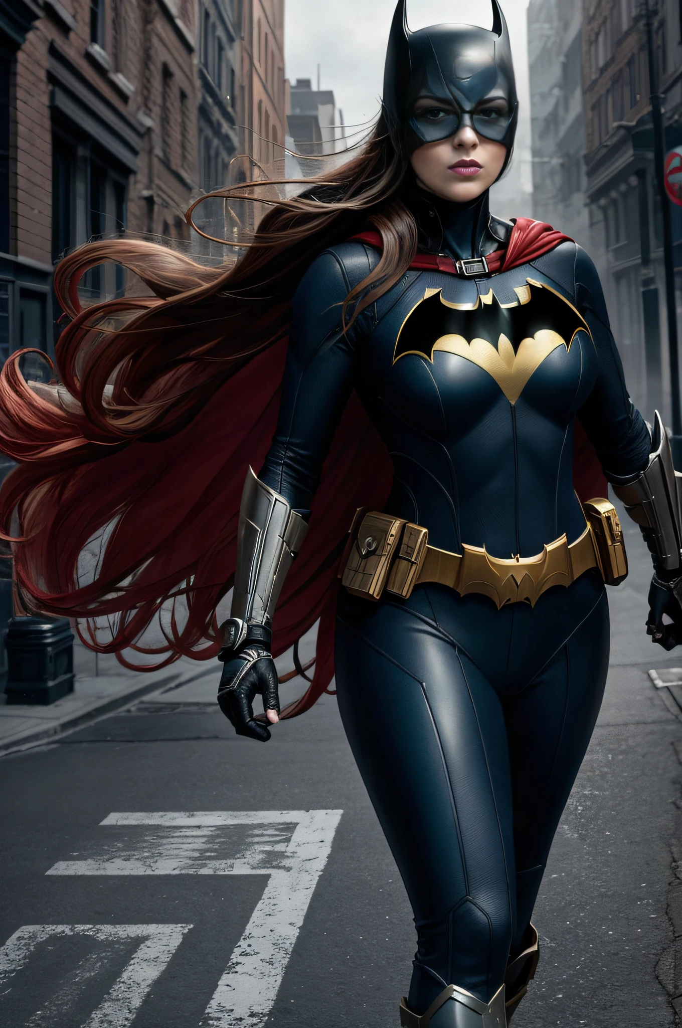 (8k, foto RAW, melhor qualidade, obra-prima: 1.2), ultra detalhado, arte oficial, foto-realista, parte superior do corpo tiro, DC Batgirl, grain of film, Action Pose, chubby, batwoman, plump, mulher 30 anos