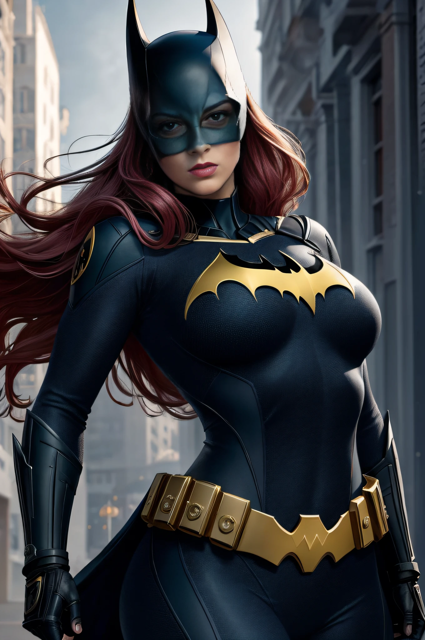 (8k, foto RAW, melhor qualidade, obra-prima: 1.2), ultra detalhado, arte oficial, foto-realista, parte superior do corpo tiro, DC Batgirl, grain of film, Action Pose, chubby, batwoman, plump, mulher 30 anos