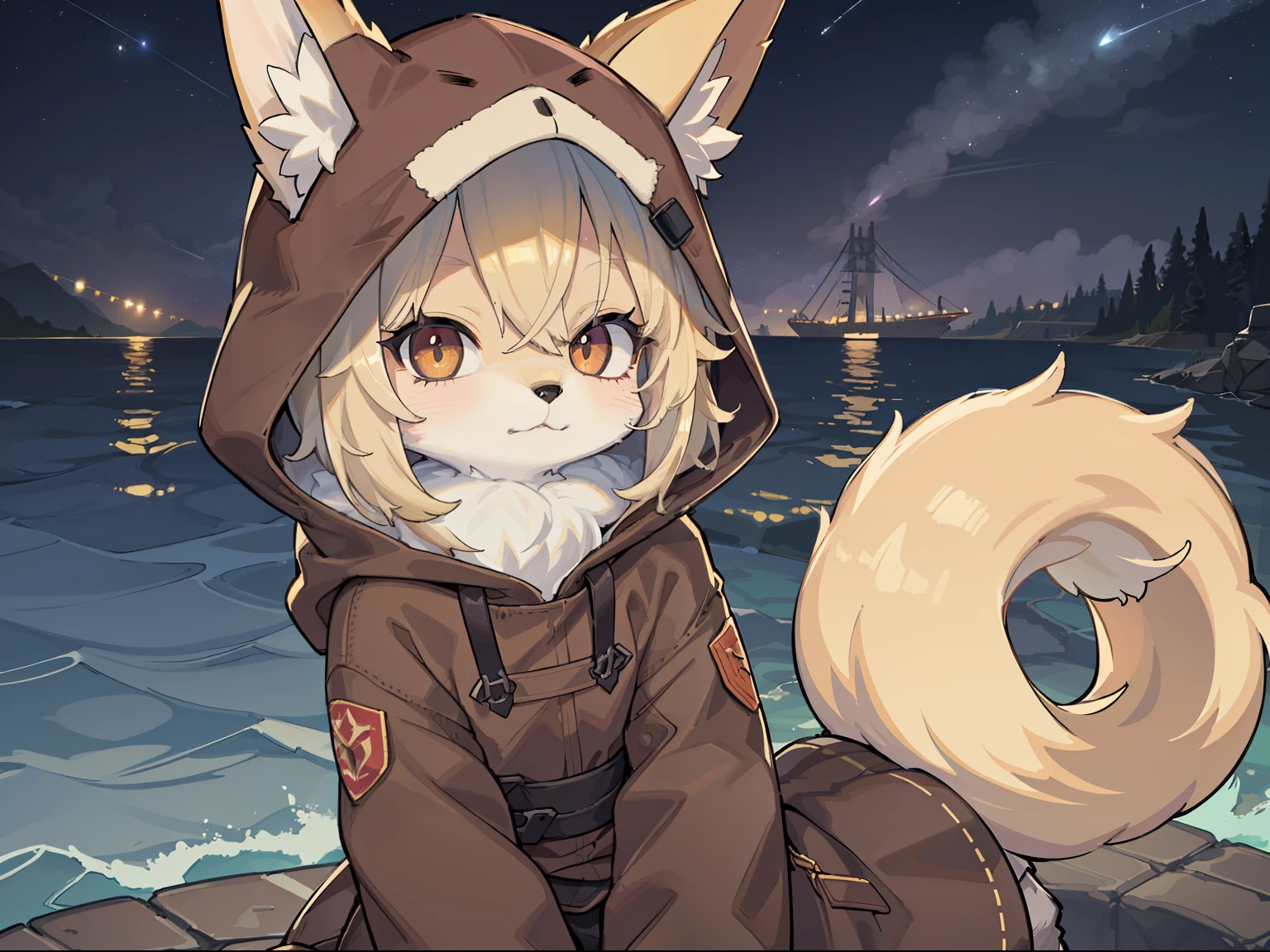 Fox Boy,hairy pubic,shaggy,Golden fur,Golden yellow face fur,Short straight blonde hair,Eyes have light,Red eyes,Super cute face,Brown elements on fur,Brown hooded coat,Beautiful lights and shadows,Ambient light,Ultra-fine fur,volumettic light,Night,natural lightting,Fluffy tail,nevando,Brown hood up,Night,Starlight at sea,starrysky,seawall,crossed bangs, Hairline, Shiny hair, lone nape hair,Bright pupils,Empty eyes, Unconscious,Dilated pupils,Sleepy,dark circles,