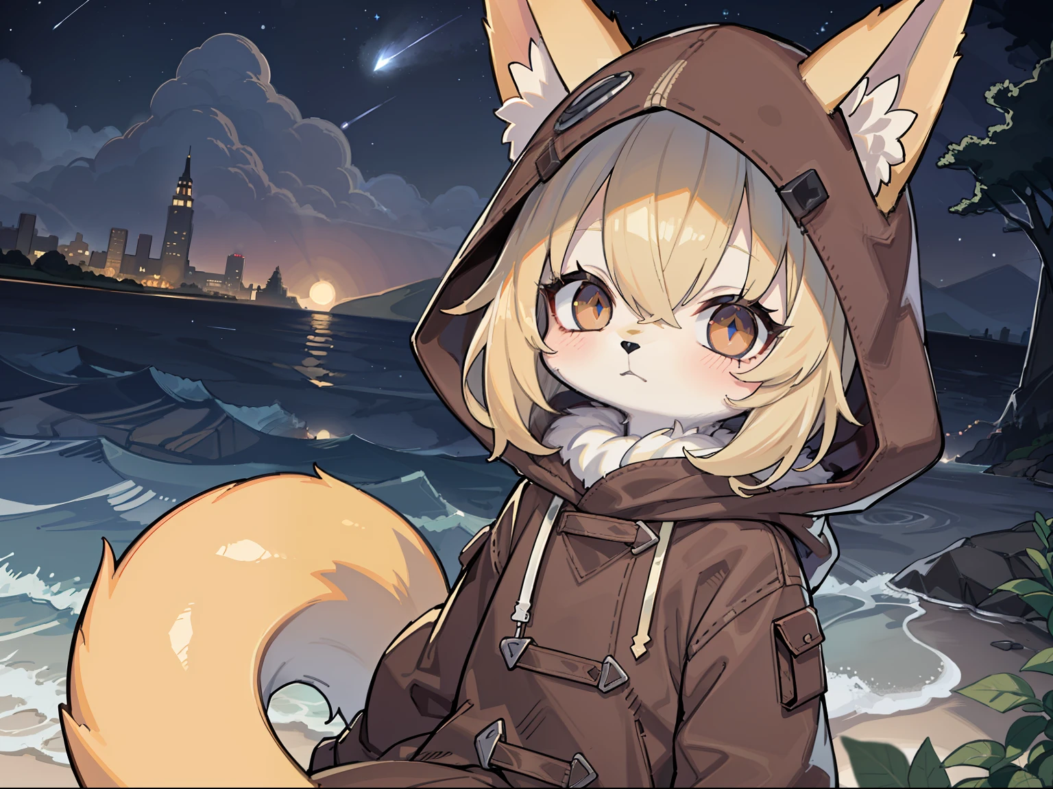 Fox Boy,hairy pubic,shaggy,Golden fur,Golden yellow face fur,Short straight blonde hair,Eyes have light,Red eyes,Super cute face,Brown elements on fur,Brown hooded coat,Beautiful lights and shadows,Ambient light,Ultra-fine fur,volumettic light,Night,natural lightting,Fluffy tail,nevando,Brown hood up,Night,Starlight at sea,starrysky,seawall,crossed bangs, Hairline, Shiny hair, lone nape hair,Bright pupils,Empty eyes, Unconscious,Dilated pupils,Sleepy,dark circles,