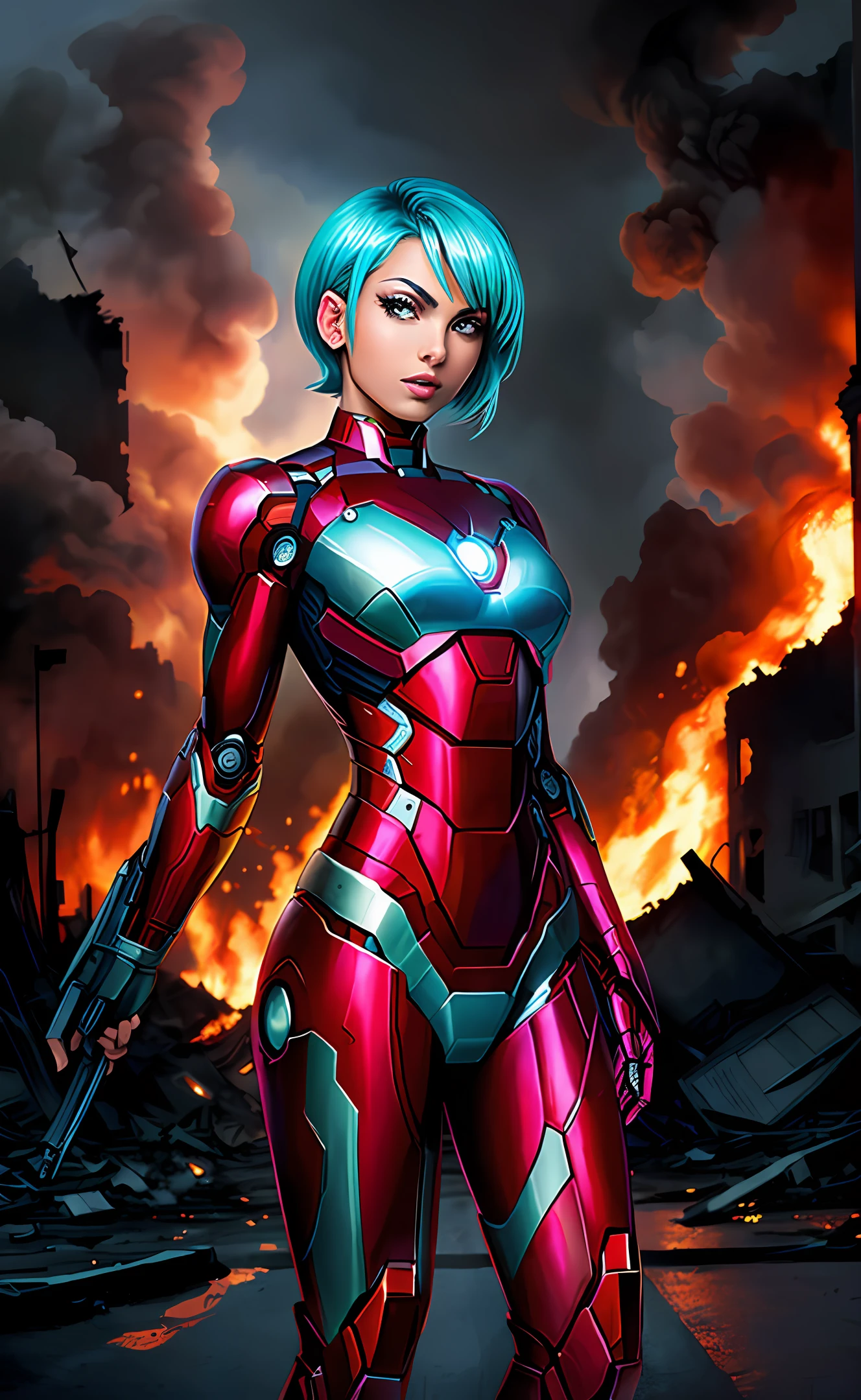 bulma com traje black window armadura iron man seria sexy, ,decote, massive breasts, perfect background perfect hands perfect fingers perfect breasts perfect hair blue face perfect body perfect picture perfect picture ((melhor qualidade)), ((obra-prima)), ((realista)), (detalhado), (fotorrealista (corpo grande) olhando para o espectador, pose casual pose natural, Post apocalyptic, Destroyed city background, buildings on fire,