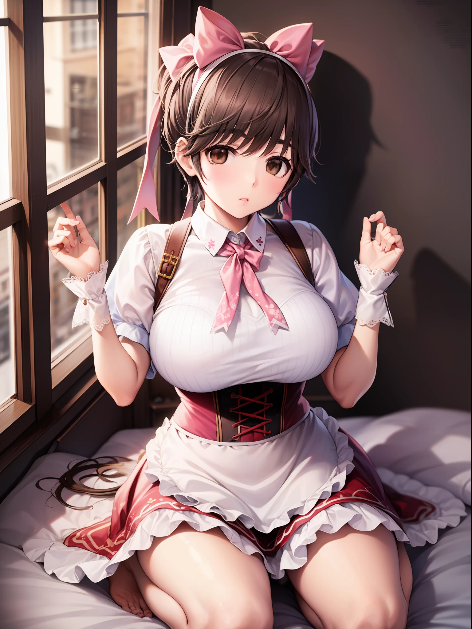 ((masterpiece)), ((best quality)), (ultra-detailed), ((kawaii)), cute, (lovely), ((extremely detailed)), 4K, (8K), best quality, (beautiful), full body, teenage, solo, (((gigantic breasts))), (((sagging breasts))), hand between legs,  ((curvy)), oikawa shizuku, mikuru1, 1girl, asahina mikuru, twintails, solo, large breasts, apron, puffy short sleeves, (name tag:0.9), long hair, corset, waitress, white apron, wrist cuffs, pink dress, frills, bangs, maid, ribbon, on the bed