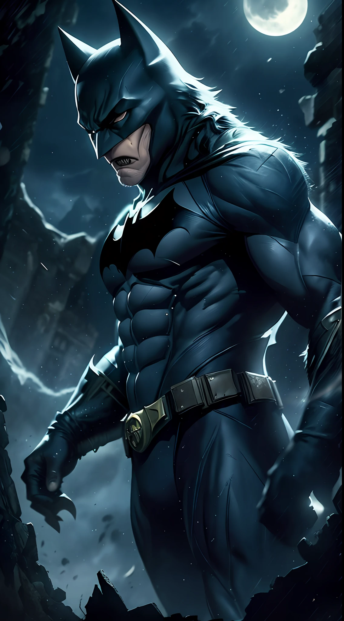 Batman of the Dark Knight is imposing in a lost gothic city. Moonlight highlights your muscles and scars. The scenery is lush and mysterious, com tecnologia futurista e arredores, add to this spirit of the night the figure of the werewolf howling at the moon.