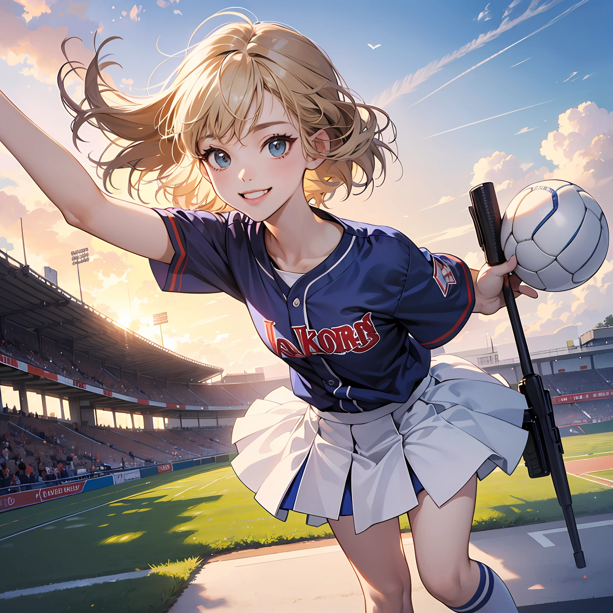 (8k、top-quality、masterpiece:1.2)、(realisitic、Photorealsitic:1.37)、ultra-detailliert、女の子 1 人、cute little、soio、Beautiful detailed sky、baseball field、 (a smile:1.15),(Closed)small tits,Beautiful fineness,cheer girl、a miniskirt、White High Socks,(short-hair:1.2),Floating Hair NovaFrogStyle, --auto