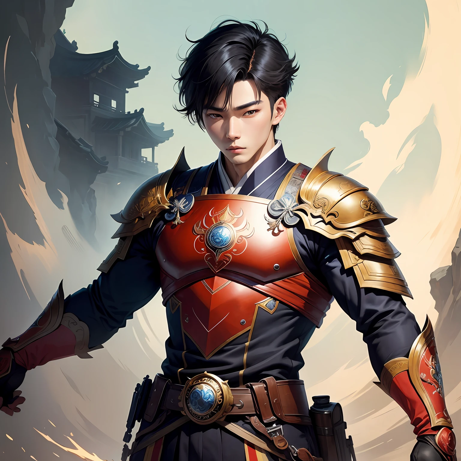 Korean painting style，Young men，character sketch，Color lead），intricately details，finely detailled，Hyper-detailing，heroism --auto