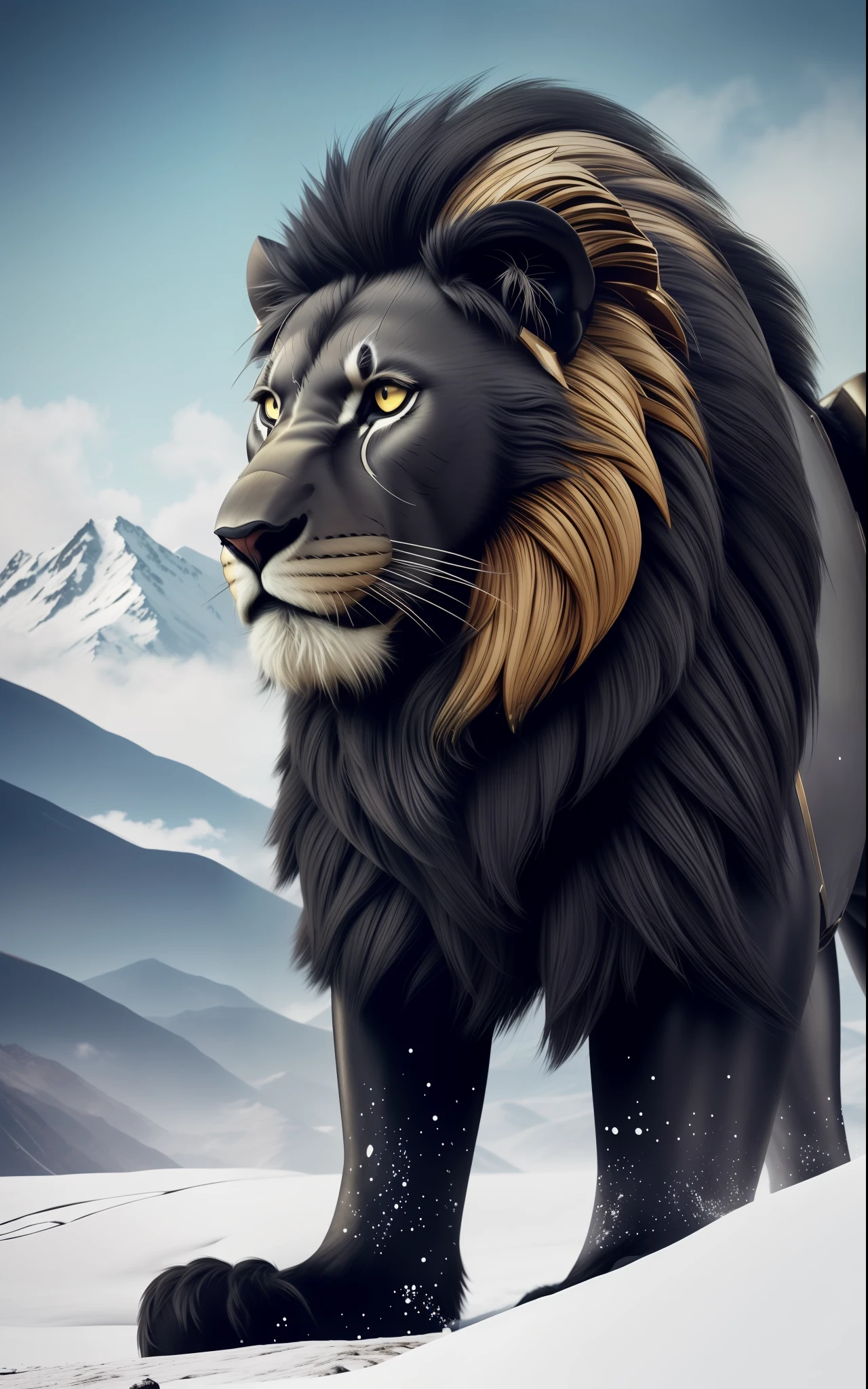 snowy mountains, (black lion:1.2), (golden lion armor:1.1), incredible detail, highly detailed, composition, ultra-detailed, film photography, light leaks, trending on artstation, sharp focus, studio photo, intricate details, highly detailed, trending on artstation, sharp focus, studio photo, intricate details, highly detailed,