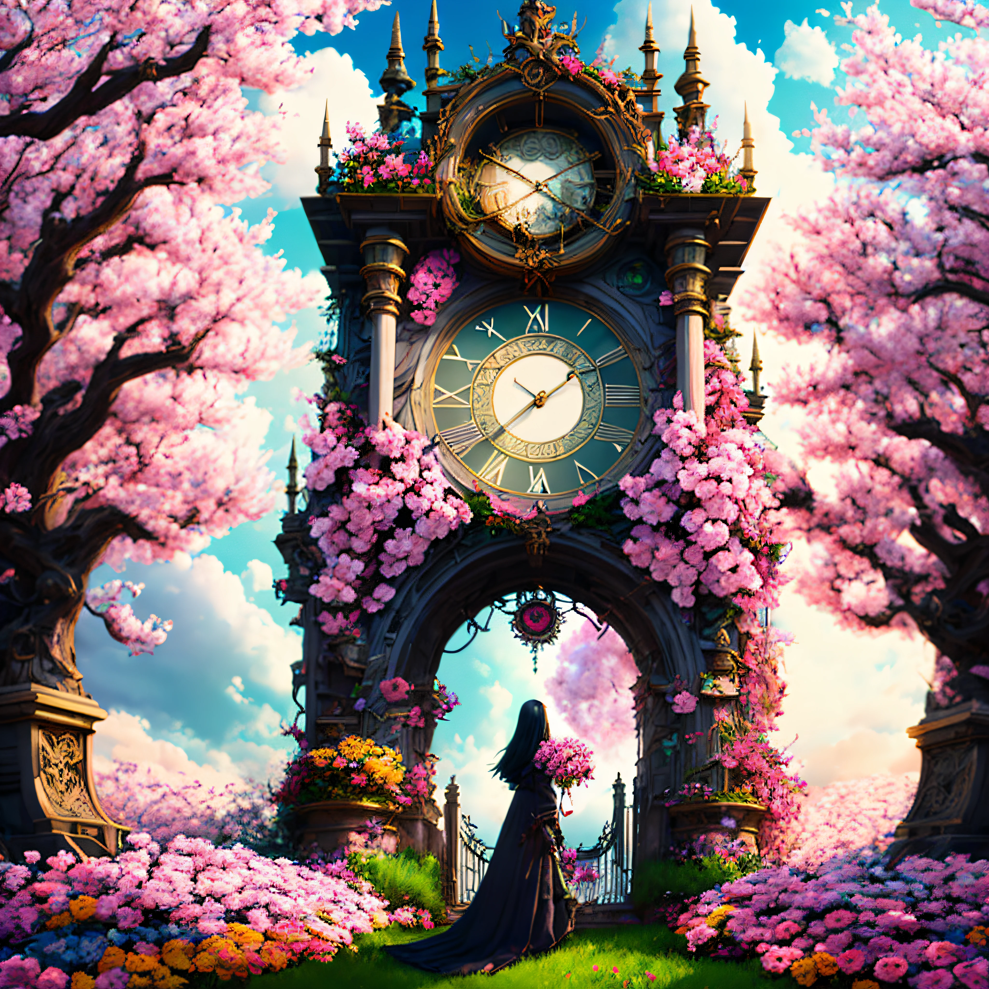 photo (FlowerGateway style:1) a giant clock tower in the middle of a flower garden, A sakura blossom flower by Casey Weldon, Olga Kvasha, Miho Hirano, hyperdetailed intricately detailed gothic art trending on Artstation triadic colors Unreal Engine 5 detailed matte painting, deep color, fantastical, intricate detail, splash screen, complementary colors, fantasy concept art, 8k resolution, gothic deviantart masterpiece, (dark shot:0.9), art by greg rutkowski and artgerm, soft cinematic light, adobe lightroom, photolab, hdr, intricate, highly detailed, (depth of field:1.4)