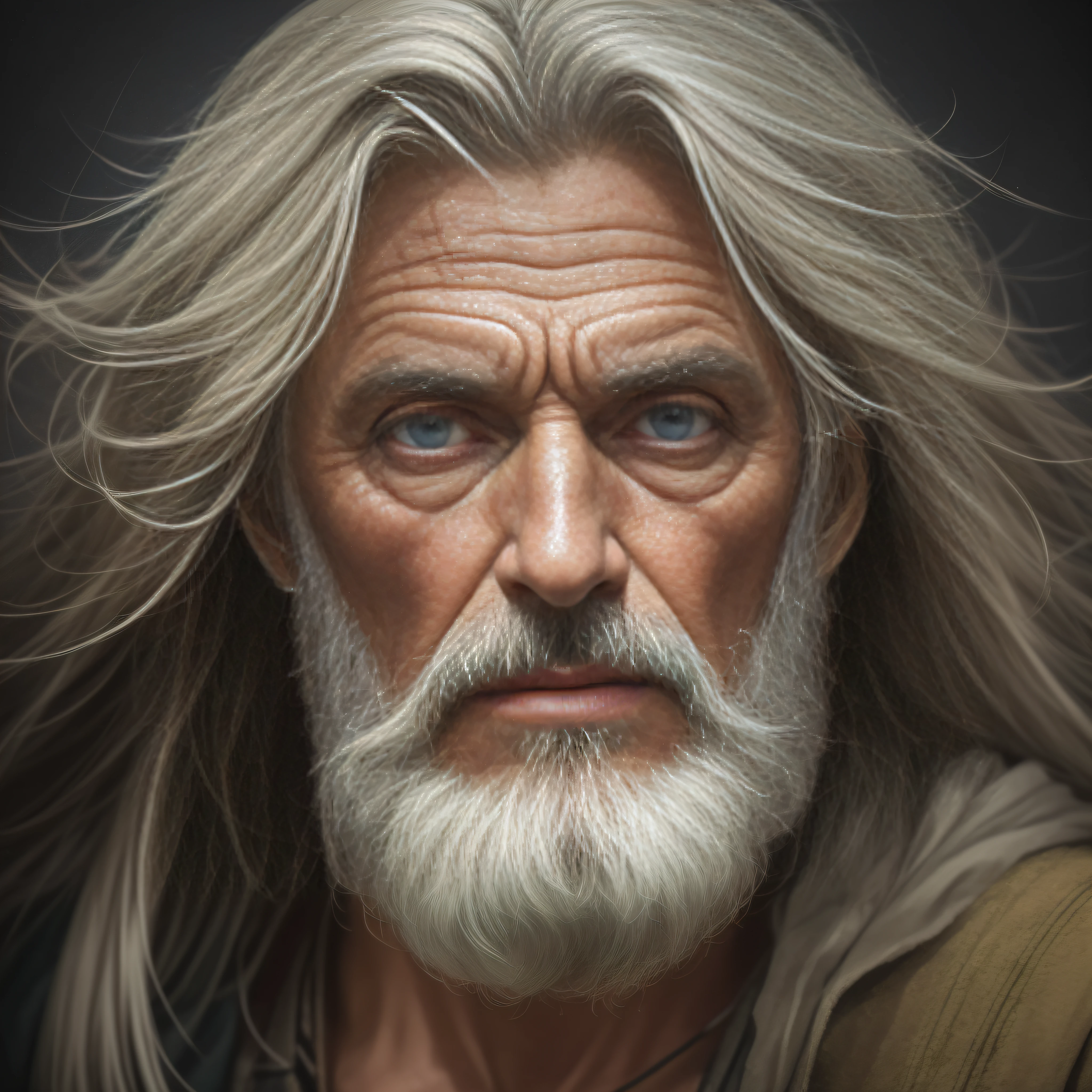 realistic portrait of an old sage from ((cabelos longos e grisalhos, barba longa e grisalha)). The environment is immersive with realistic details and the lighting is perfect to give drama and depth to the scene., Mechanical photo: Realistic epic, Soft cinematic portrait, Adobe Lightroom, photographic lab, altamente detalhado, desbotado, (Cores Neutras: 1.2) , (HDR: 1.4) , (cores suaves:1.2), alto detalhamento, ( art-station:1.4), cinemactic, dramatic light, (detalhes intrincados:1.1), A ntecedentes complexos, (Rutkowski:0.66), (azul e laranja:0.4)