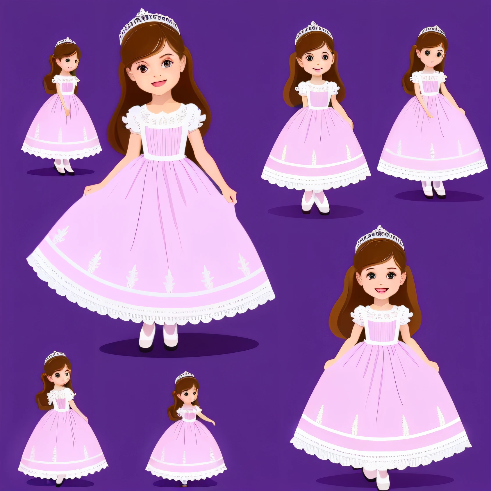 A close-up of a girl in a pink dress with different poses, Princesa Chica, Hermosa princesa femenina, en vestidos largos rosa o violeta, chica con un vestido, Fairy Tale Illustration Style, wearing a pink ballroom gown, cartoon style illustration, Retrato de princesa, beautiful pink , Hermosa princesa, vestida con un vestido rosa, Conjunto de sprites HD de alta calidad