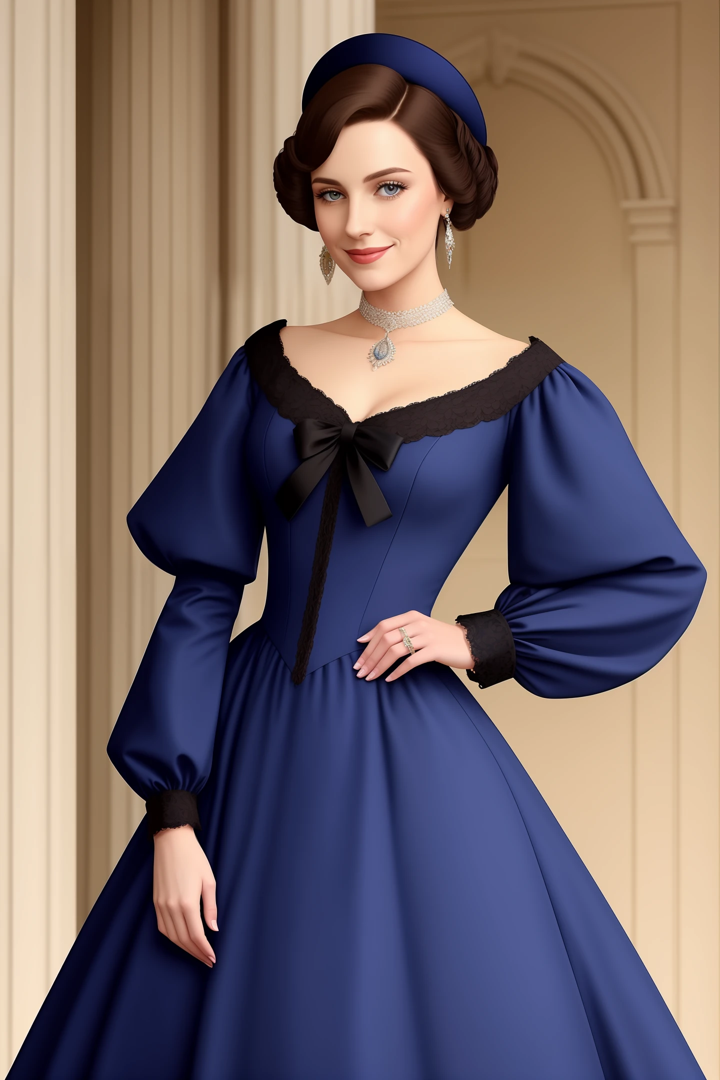 Woman dressed in a dark blue dress and she has brown hair. She's a white woman, com olhos pretos e cabelos castanhos. Her dress is that of the Queen of France in times of the French Revolution. She has a serious countenance but maintains a fake smile. Somente uma mulher