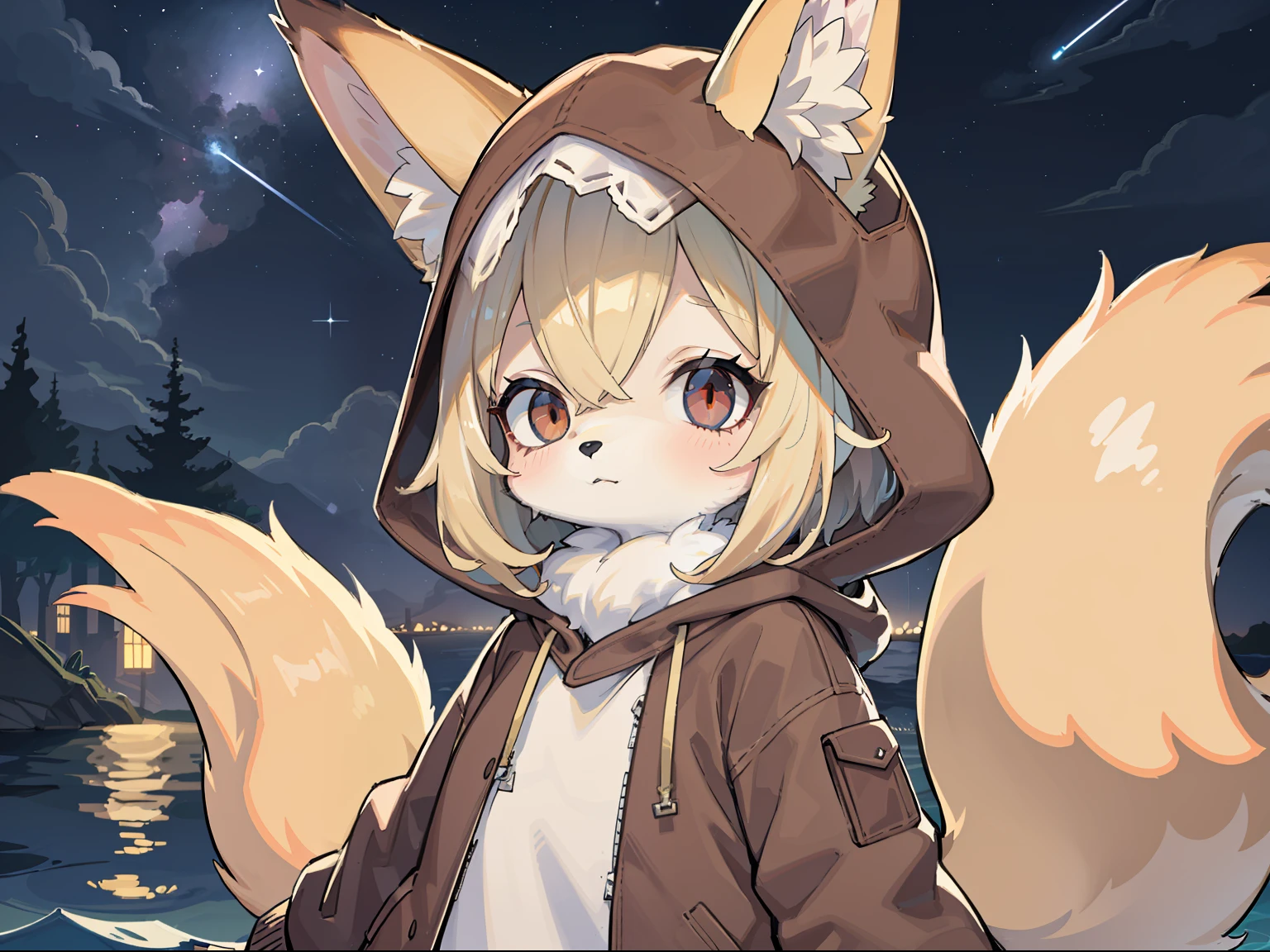 Fox Boy，hairy pubic，shaggy，Golden fur，Golden yellow face fur,Short straight blonde hair，Eyes have light，Red eyes，Super cute face，Brown elements on fur，Brown hooded coat，Beautiful lights and shadows，Ambient light，Ultra-fine fur，volumettic light，Night,natural  lightting，Fluffy tail，nevando，Brown hood up，Night，Starlight at sea，starrysky，seawall，crossed bangs, Hairline, Shiny hair, lone nape hair，Empty eyes, Unconscious，Dilated pupils，Sleepy，dark circles，