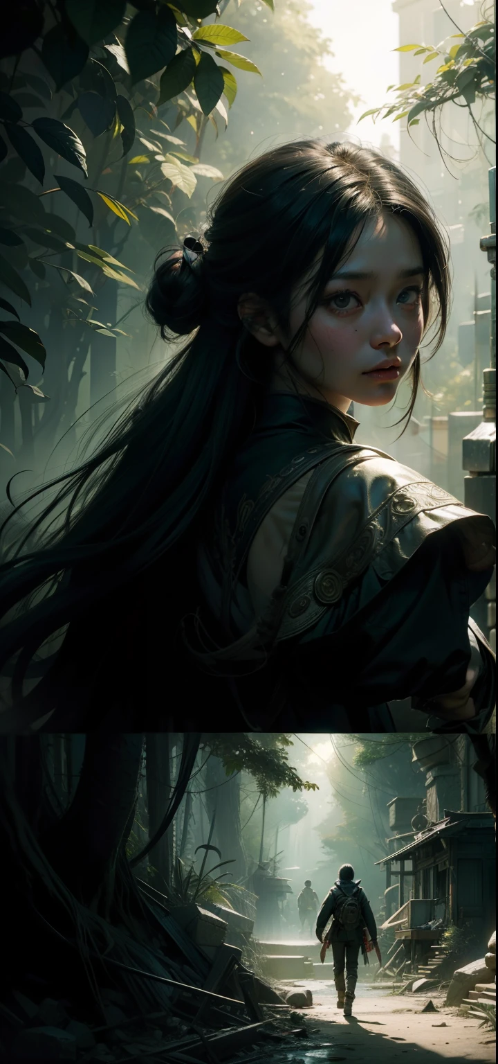 Jisoo, digital illustration art, detailed and intricate, dense jungle, filled with exotic plants and animals, Sun light, seeping through the canopy, creating a spotty effect. In the style of Yoshitaka Amano and Hayao Miyazaki, tmasterpiece, proportional, Detailed, Popular at the art station, Beautiful lighting, realisti, an intricate, Award-winning, 4k, topquality, Award-winning, 4K digital painting in the style of Yoshitaka Amano. Detailed and intricate depiction of the zombie apocalypse, masterfully conveying the chaos and drama of the scene. Beautiful lighting and cinematic composition make this work a real masterpiece, Popular on ArtStation.