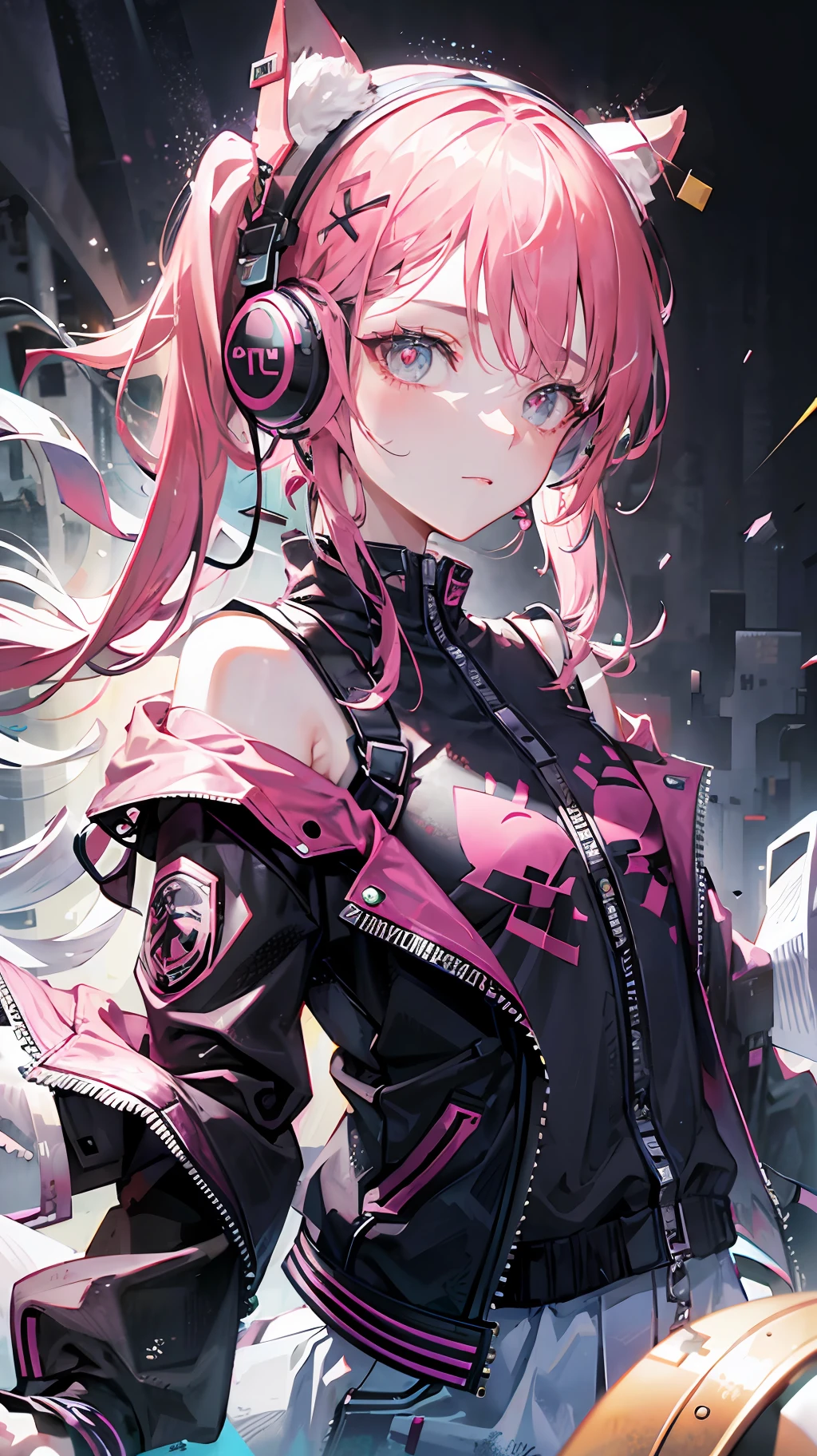 Masterpiece, best quality, colorful, a teenager with pink|black pigtails wearing a detailed leather jacket and anime tee-shirt touching a translucent panel, in a dark void filled with small intense light particles,   jacket off a shoulder, floating screens in front, dramatic viewing angle, dynamic pose, (face focus close up:1.2), detailed headphones earings cat with neon ears

All in view

Depth of field, high resolution, extreme intricate details, dramatic shadows, global illumination