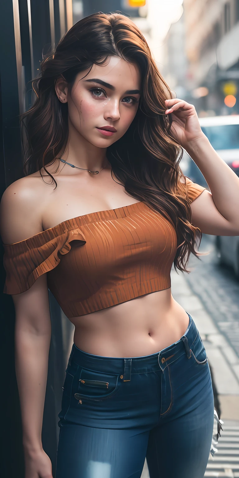 Full face portrait photo of 25 year old European girl, RAW, beautiful woman, semi-open strawberry lip, dimples, wistful expression, (brown hair with extra long wavy), ((detailed face)), ((detailed facial features)), (fine detailed skin), pale skin, cyberpunk megacity environment, (cool color), moist, damp, reflection, (masterpieceShot with Canon EOS R5 (detail) (Realistic photos) (Detailed details) 50mm lens, f/2.8, HDR, (8k) (wallpaper) (cinematic lighting) (dramatic lighting) (sharp focus) (complex), RAW photography, RAW photography, gigachad photography, camera pose, black jeans, back arm, 8k uhd, dslr, high quality, Grain Film, Fujifilm XT3, Film Stock Photo 4 Kodak Portra 400 Camera F1.6 Lens Rich colors Ultra-realistic textures Dramatic lighting Unreal Engine Art Station Trends Cinestill 800 Tungsten, Toughboy Style, Ultra Focus Face, Intimidating, Fighting Position, Short Messy Hair, Muscles, Bursting Veins, Beads, (( off-shoulder crop top)),