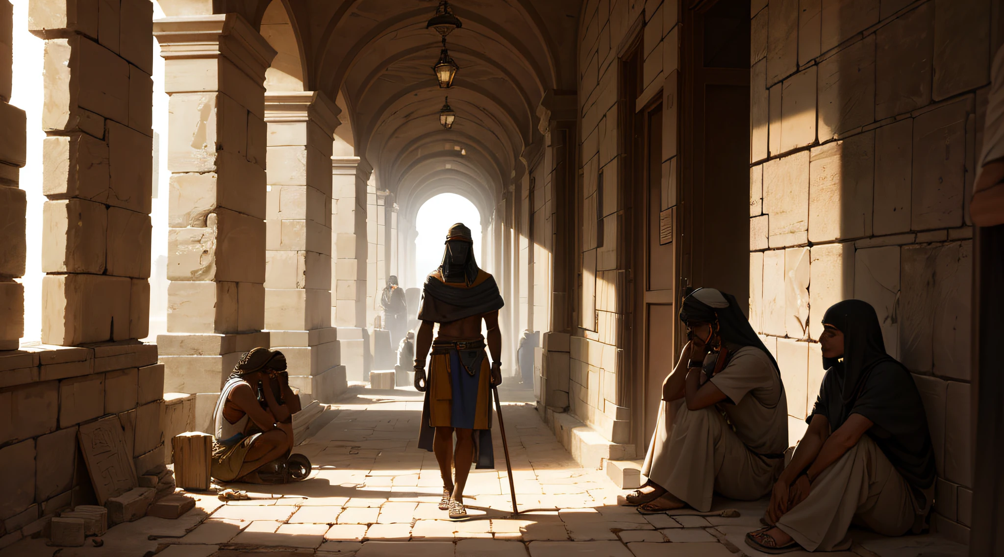 ((lifelike lighting, Melhor qualidade, 8K, Obra-prima: 1.3)), Foco claro: 1.2,It portrays the scene of oppression and despair of the Hebrews enslaved by the Egyptians during Ancient Egypt. In the center of the image, place a group of Hebrews, men and women, working exhaustively under the scorching sun of the desert. They are hunched over, carrying heavy blocks of stone on their shoulders, while the watchful gazes of the ancient guards coolly follow them.
The Hebrews are dressed in worn and dirty clothes, and their faces show signs of weariness and sadness. The expressions of pain and despair show the unbearable burden of slavery they carry.
In the background of the scene, the imposing Egyptian structures rise, representing the grandeur of the monuments that are being built with the forced labor of the Hebrews. The shadows cast by the buildings symbolize the oppression that hangs over them, with endless hard work.
The setting is arid and dusty, conveying a sense of desolation and hopelessness that pervades the lives of enslaved Hebrews. Harsh sunlight highlights the chains that bind the Hebrews' feet, reminding us of the physical and mental prison in which they are imprisoned.
Through this image, seek to portray the harrowing reality of the Hebrews, maintaining respect and sensitivity towards the history and pain they faced during this dark period of humanity --auto