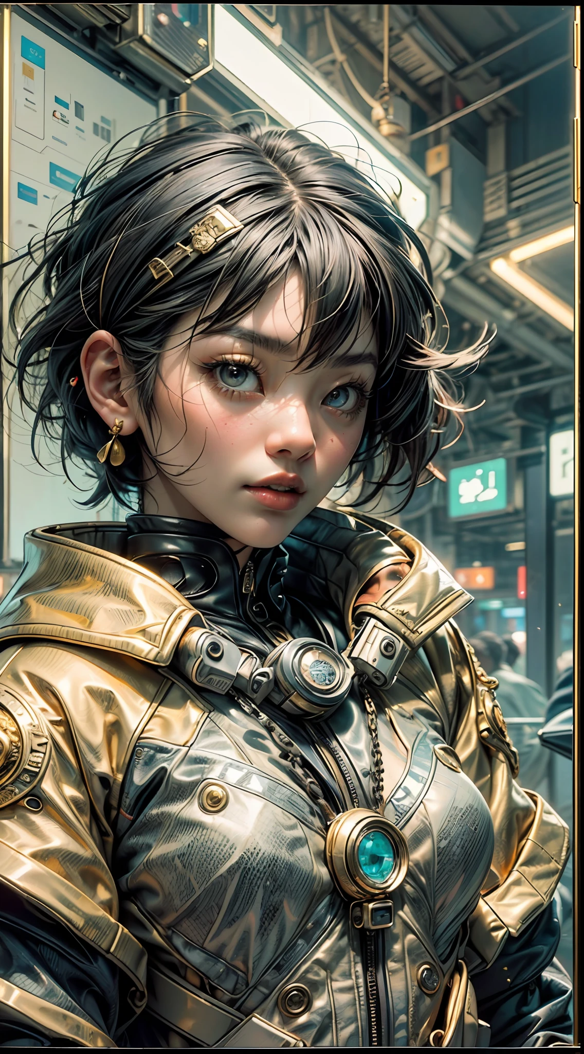 ((top-quality))、((masterpiece))、((realisitic))Ultra detailed photo of asian woman with goth and neon colors。She((Gold short hair))、I have a smartphone、Wearing a techwear jacket、It exudes an atmosphere((Beautifully Aesthetic))、A sexy、Hot