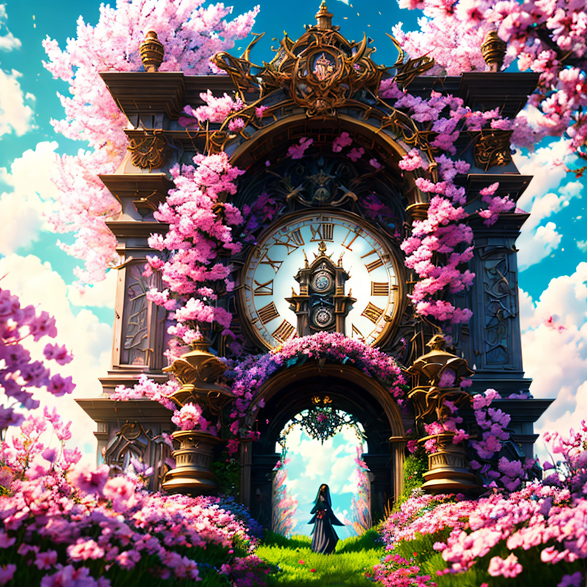 photo (FlowerGateway style:1) a giant clock tower in the middle of a flower garden, A sakura blossom flower by Casey Weldon, Olga Kvasha, Miho Hirano, hyperdetailed intricately detailed gothic art trending on Artstation triadic colors Unreal Engine 5 detailed matte painting, deep color, fantastical, intricate detail, splash screen, complementary colors, fantasy concept art, 8k resolution, gothic deviantart masterpiece, (dark shot:0.9), art by greg rutkowski and artgerm, soft cinematic light, adobe lightroom, photolab, hdr, intricate, highly detailed, (depth of field:1.4)
