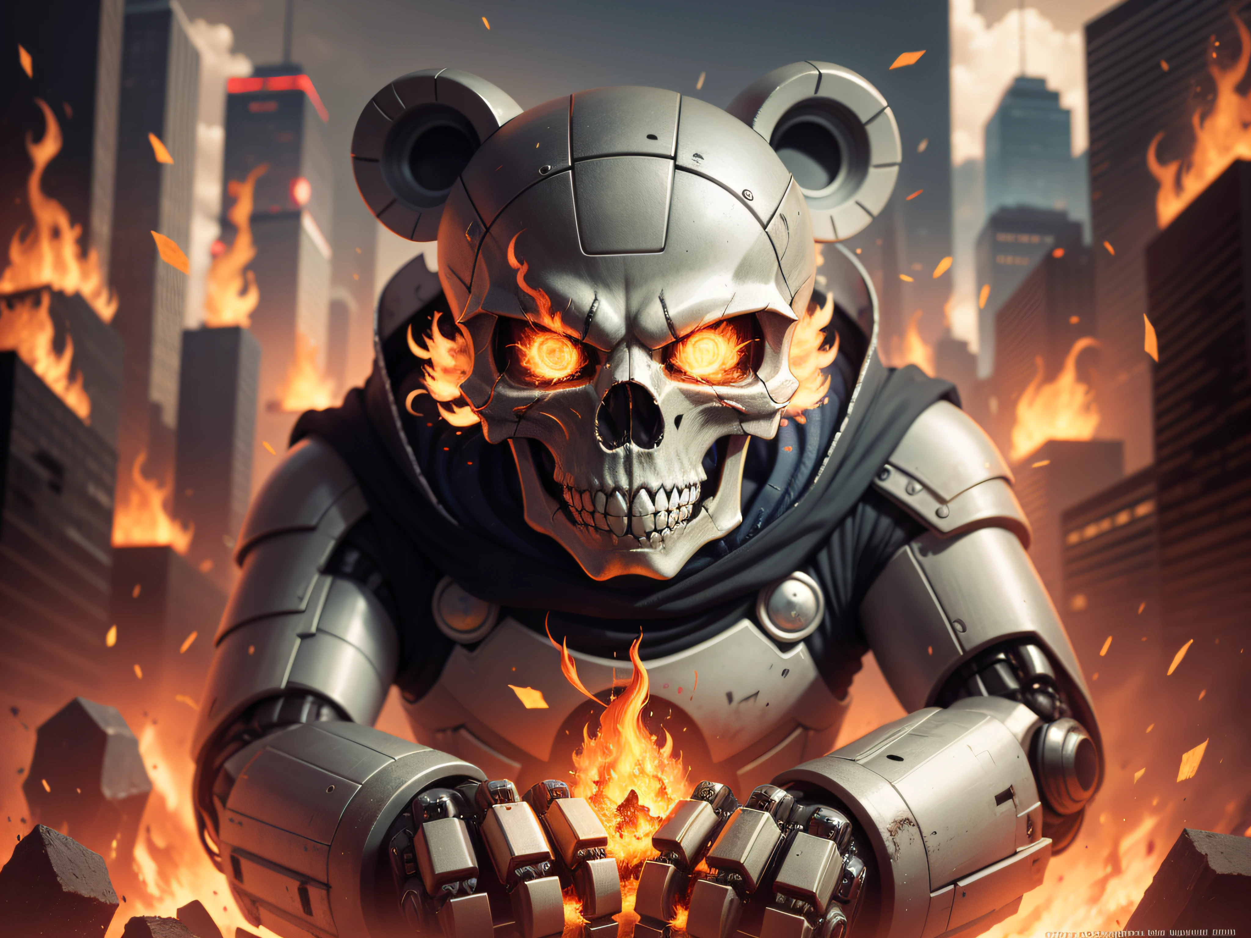 half teddybear half robotic skeleton, New York, chaos and fire flames in the background, Kodak film, canon 50mm lens photo, UHD, masterpiece, high details, award winning, high quality, best quality, highres, 16k