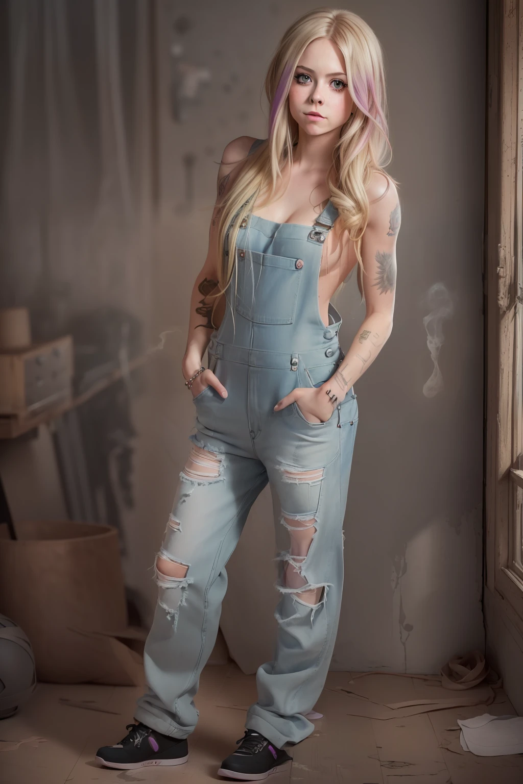 ((Avril Lavigne steht in ihrem Atelier)), ((sehr schlanke Frau)), (kleiner Kopf), ((natural skin texture)), ((naked overall)), ((she has small round breasts)), ((Ausdrucksstarkes detailliertes Gesicht)), (fotorealistisch), (Raytracing), (scharfer Fokus), (("Smokey Eyes")), ((full body))