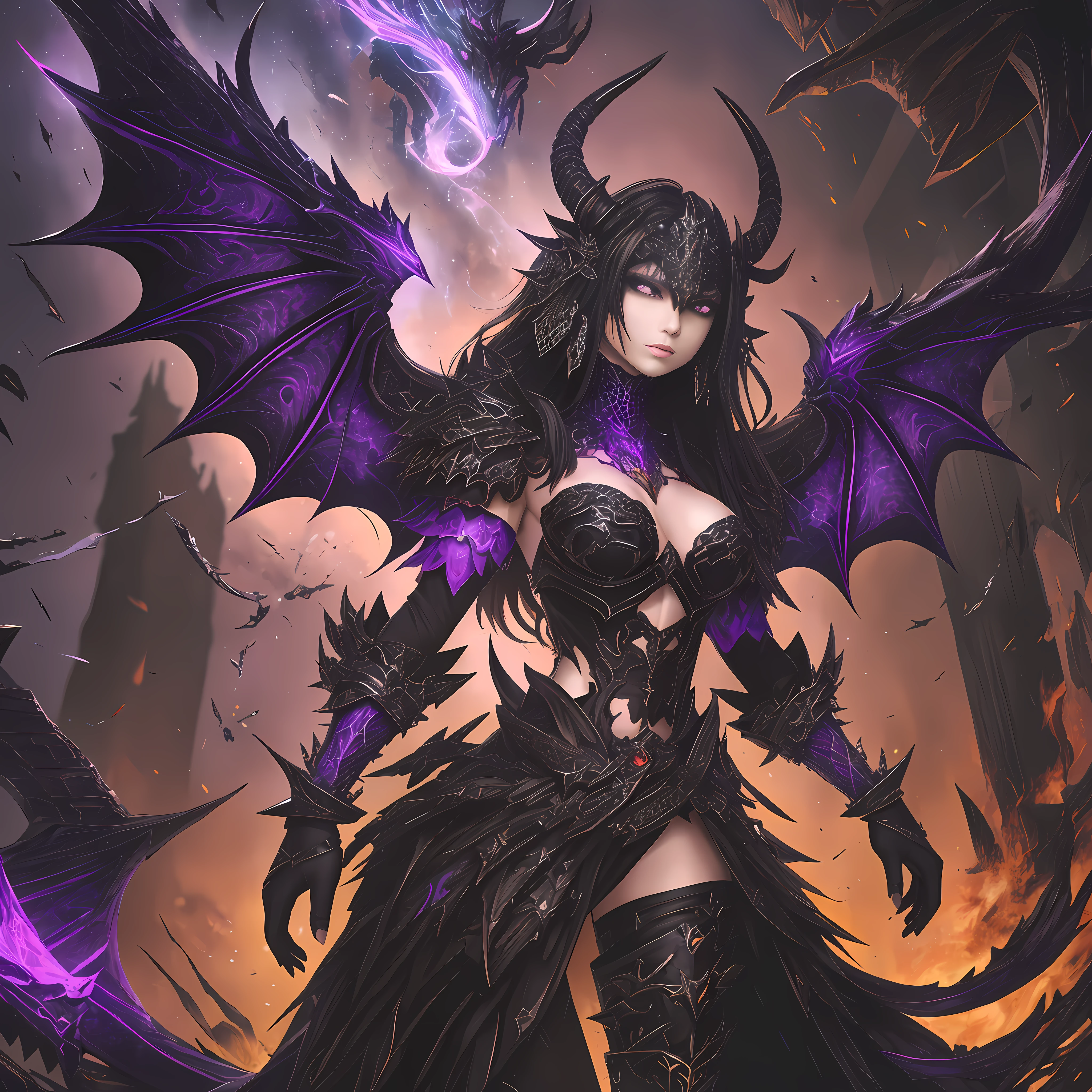 An ancient, gargantuan black dragon with dark purple undertones in her scales named Melazmera. Her body radiates an aura of entropy and decay. Her wings are tattered along the edges and her eyes glow with sinister purple energy. She is adorned with spiked armor and jewels, treasures from fallen civilizations