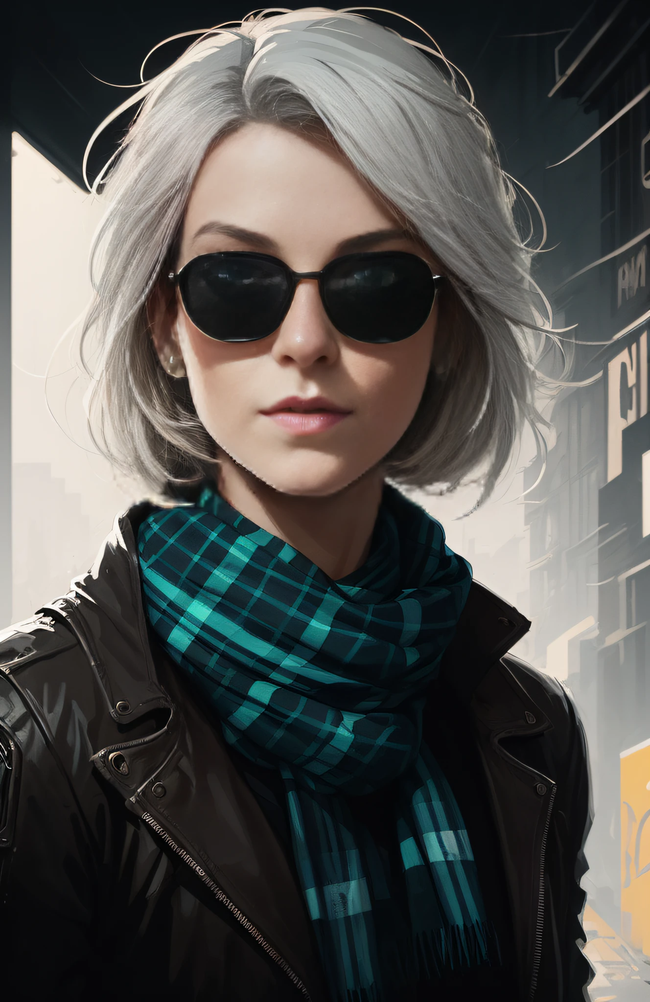 (dark shot:1.1), epic realistic, portrait of halo, sunglasses, blue eyes, tartan scarf, white hair by atey ghailan, by greg rutkowski, by greg tocchini, by james gilleard, by joe fenton, by kaethe butcher, gradient yellow, black, brown and magenta color scheme, grunge aesthetic!!! graffiti tag wall background, art by greg rutkowski and artgerm, soft cinematic light, adobe lightroom, photolab, hdr, intricate, highly detailed, (depth of field:1.4), faded, (neutral colors:1.2), (hdr:1.4), (muted colors:1.2), hyperdetailed, (artstation:1.4), cinematic, warm lights, dramatic light, (intricate details:1.1), complex background, (rutkowski:0.66), (teal and orange:0.4)