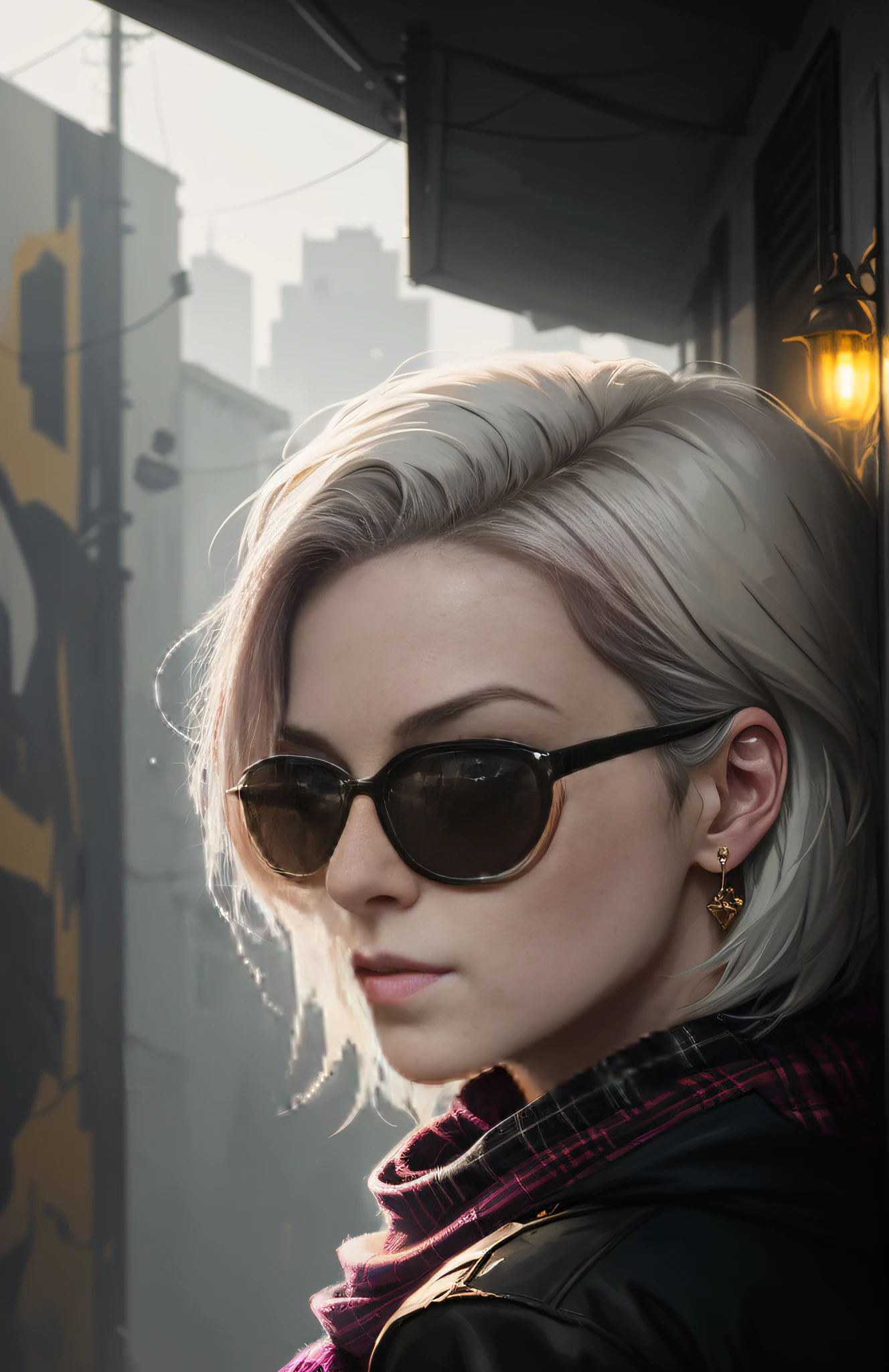 (dark shot:1.1), epic realistic, portrait of halo, sunglasses, blue eyes, tartan scarf, white hair by atey ghailan, by greg rutkowski, by greg tocchini, by james gilleard, by joe fenton, by kaethe butcher, gradient yellow, black, brown and magenta color scheme, grunge aesthetic!!! graffiti tag wall background, art by greg rutkowski and artgerm, soft cinematic light, adobe lightroom, photolab, hdr, intricate, highly detailed, (depth of field:1.4), faded, (neutral colors:1.2), (hdr:1.4), (muted colors:1.2), hyperdetailed, (artstation:1.4), cinematic, warm lights, dramatic light, (intricate details:1.1), complex background, (rutkowski:0.66), (teal and orange:0.4)
