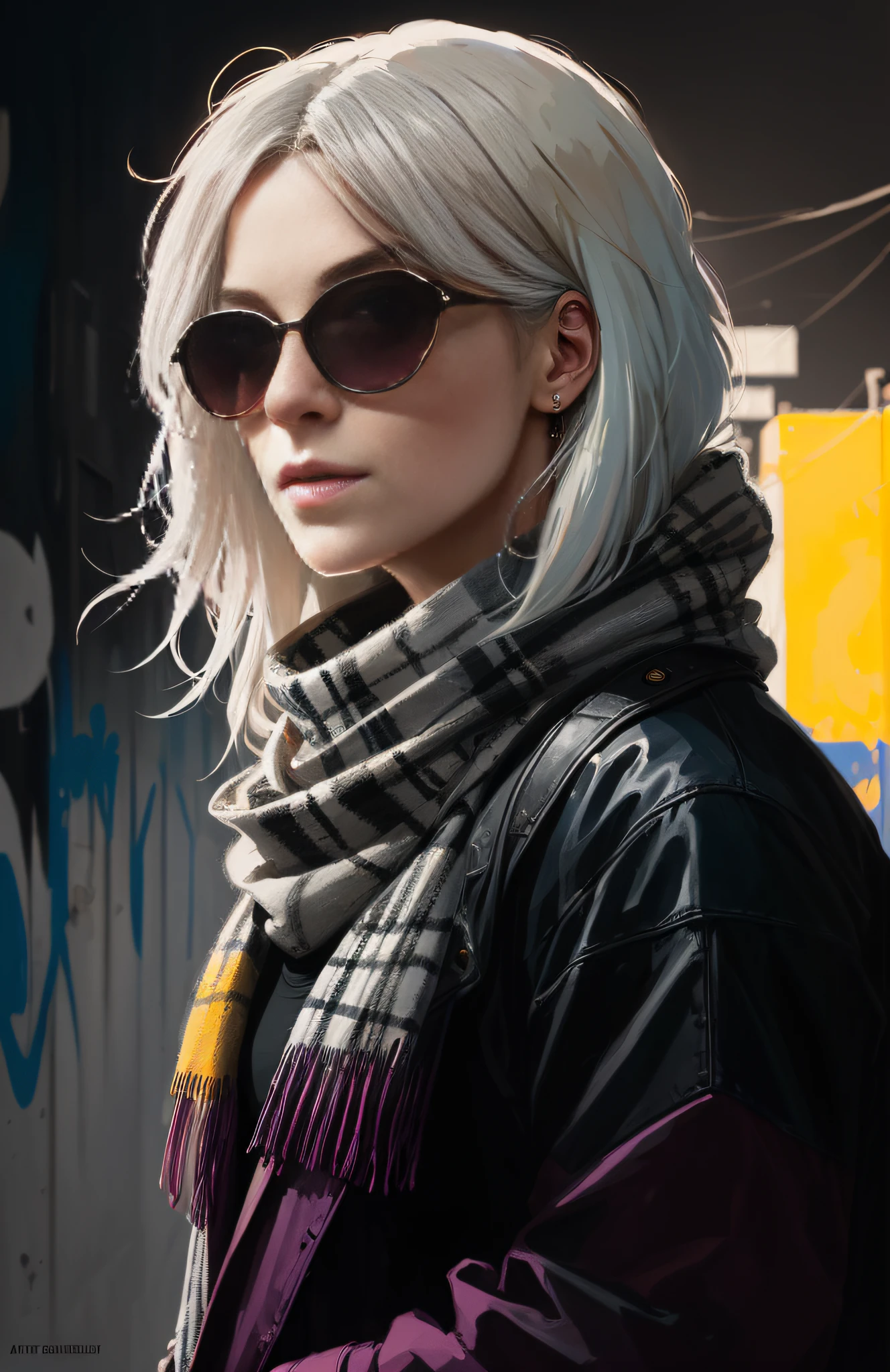 (dark shot:1.1), epic realistic, portrait of halo, sunglasses, blue eyes, tartan scarf, white hair by atey ghailan, by greg rutkowski, by greg tocchini, by james gilleard, by joe fenton, by kaethe butcher, gradient yellow, black, brown and magenta color scheme, grunge aesthetic!!! graffiti tag wall background, art by greg rutkowski and artgerm, soft cinematic light, adobe lightroom, photolab, hdr, intricate, highly detailed, (depth of field:1.4), faded, (neutral colors:1.2), (hdr:1.4), (muted colors:1.2), hyperdetailed, (artstation:1.4), cinematic, warm lights, dramatic light, (intricate details:1.1), complex background, (rutkowski:0.66), (teal and orange:0.4)
