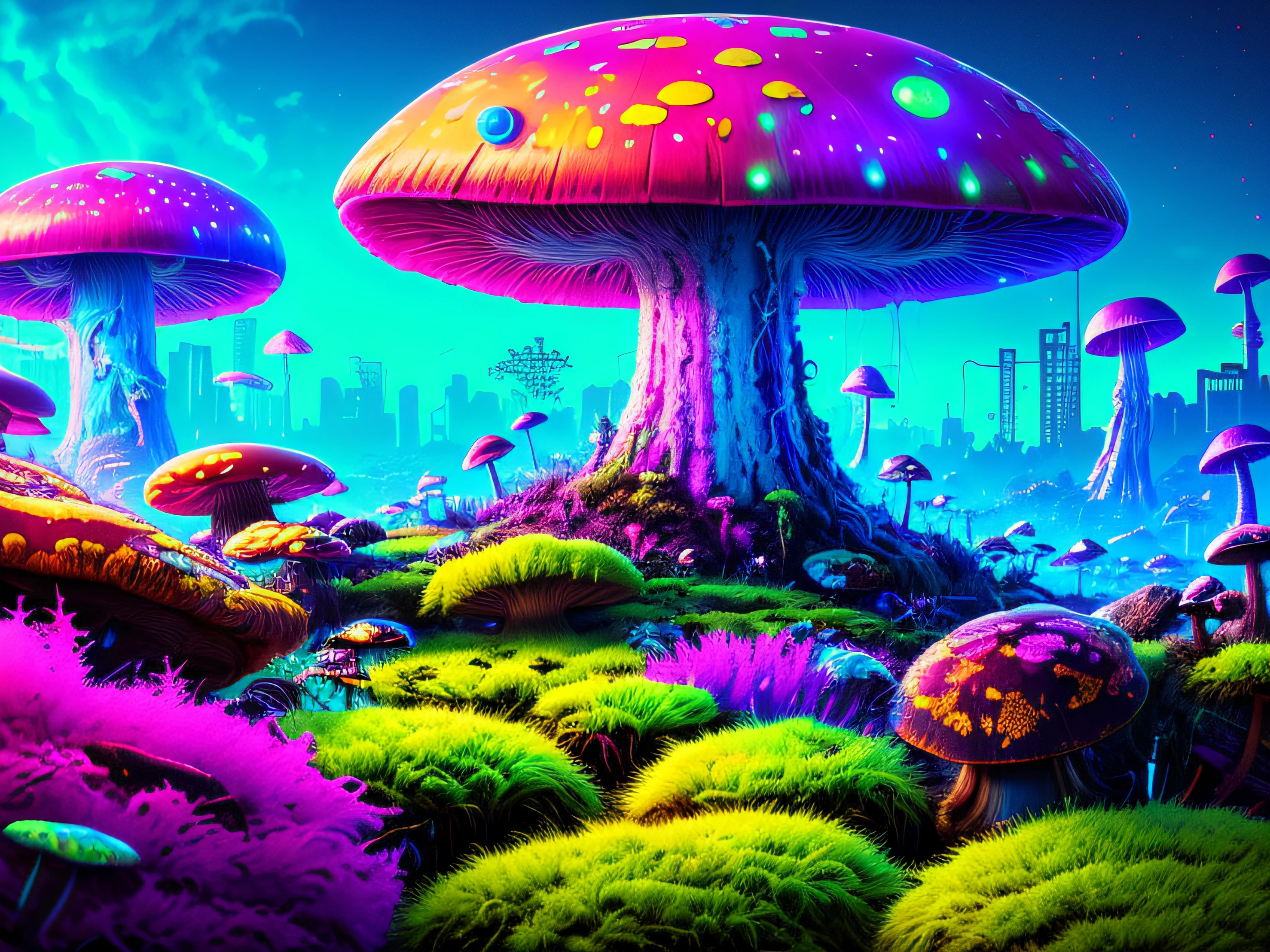swpunk, synthwave, paint splatters, (extremely detailed 8k wallpaper), a crazy alien landscape with giant glowing mushrooms and colorful moss growing on rocks, ray tracing, detailed reflections, Intricate, High Detail, dramatic, best quality masterpiece, photorealistic, detailed, 8k, HDR, backlighting, bloom, light sparkles, chromatic aberration, sharp focus