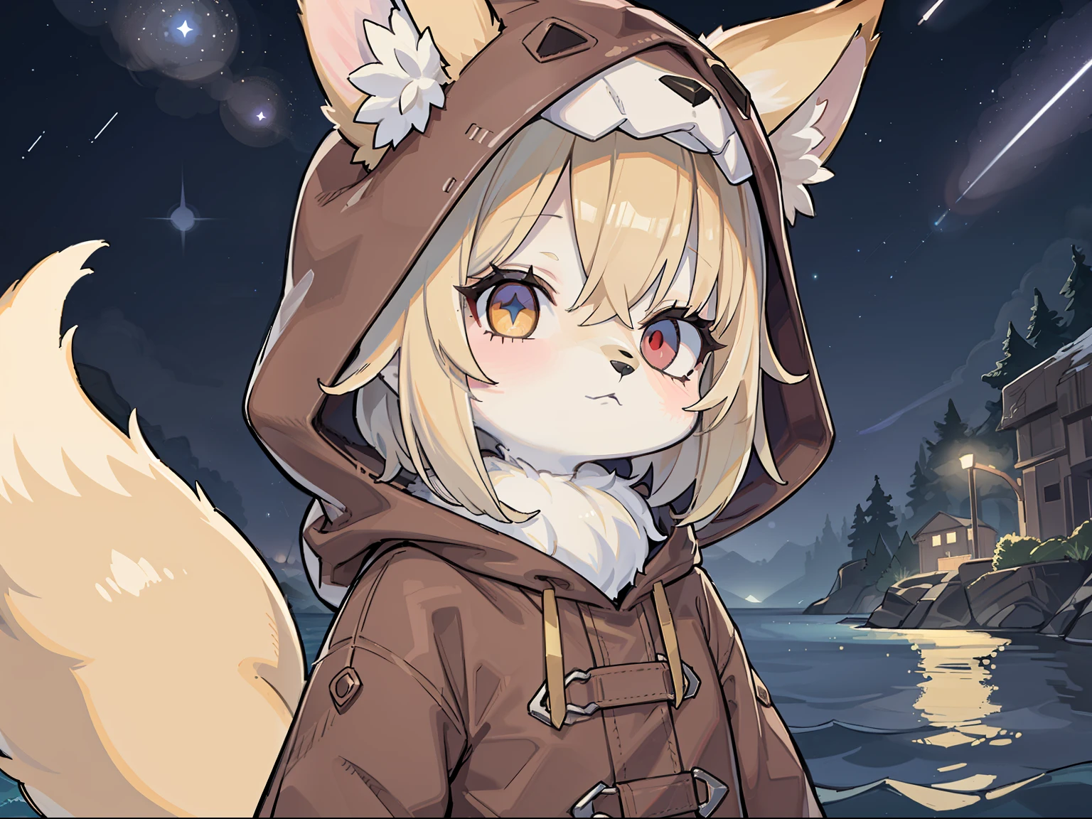 Fox Boy,hairy pubic,shaggy,Golden fur,Golden yellow face fur,Short straight blonde hair,Eyes have light,Red eyes,Super cute face,Brown elements on fur,Brown hooded coat,Beautiful lights and shadows,Ambient light,Ultra-fine fur,volumettic light,Night,natural lightting,Fluffy tail,nevando,Brown hood up,Night,Starlight at sea,starrysky,seawall,crossed bangs, Hairline, Shiny hair, lone nape hair,Empty eyes, Unconscious,Dilated pupils,Sleepy,dark circles,