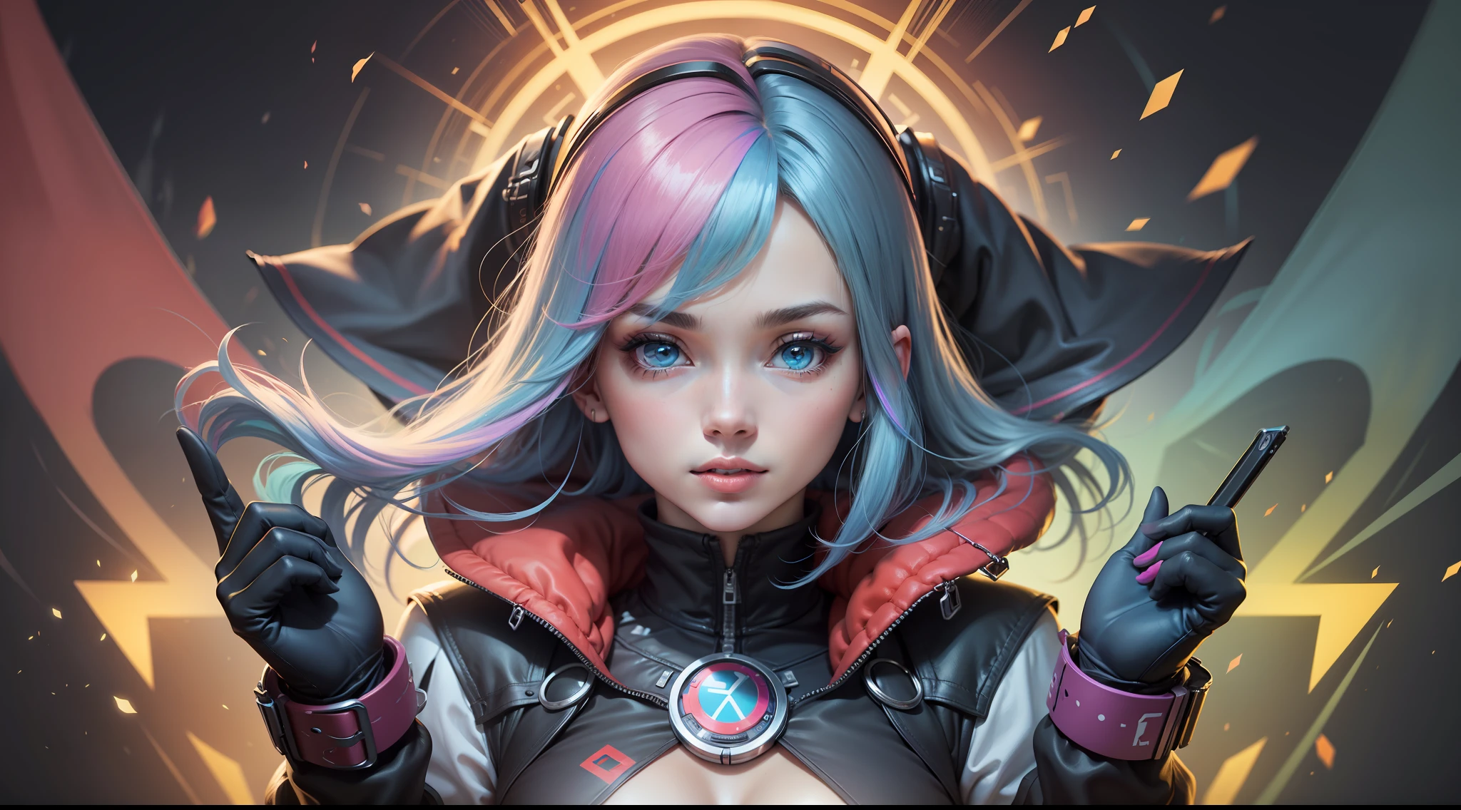 Mulher ninja com fone de ouvido sentido paz, olhos fechados, rosto bonito, cores RGB, cabelo rosa brilhante, colorido anime, fundo brilhante, Banner for youtube video, feliz, nuvens com cores RGB, cores RGB brilhantes, completo, ser celestial, garota gamer.