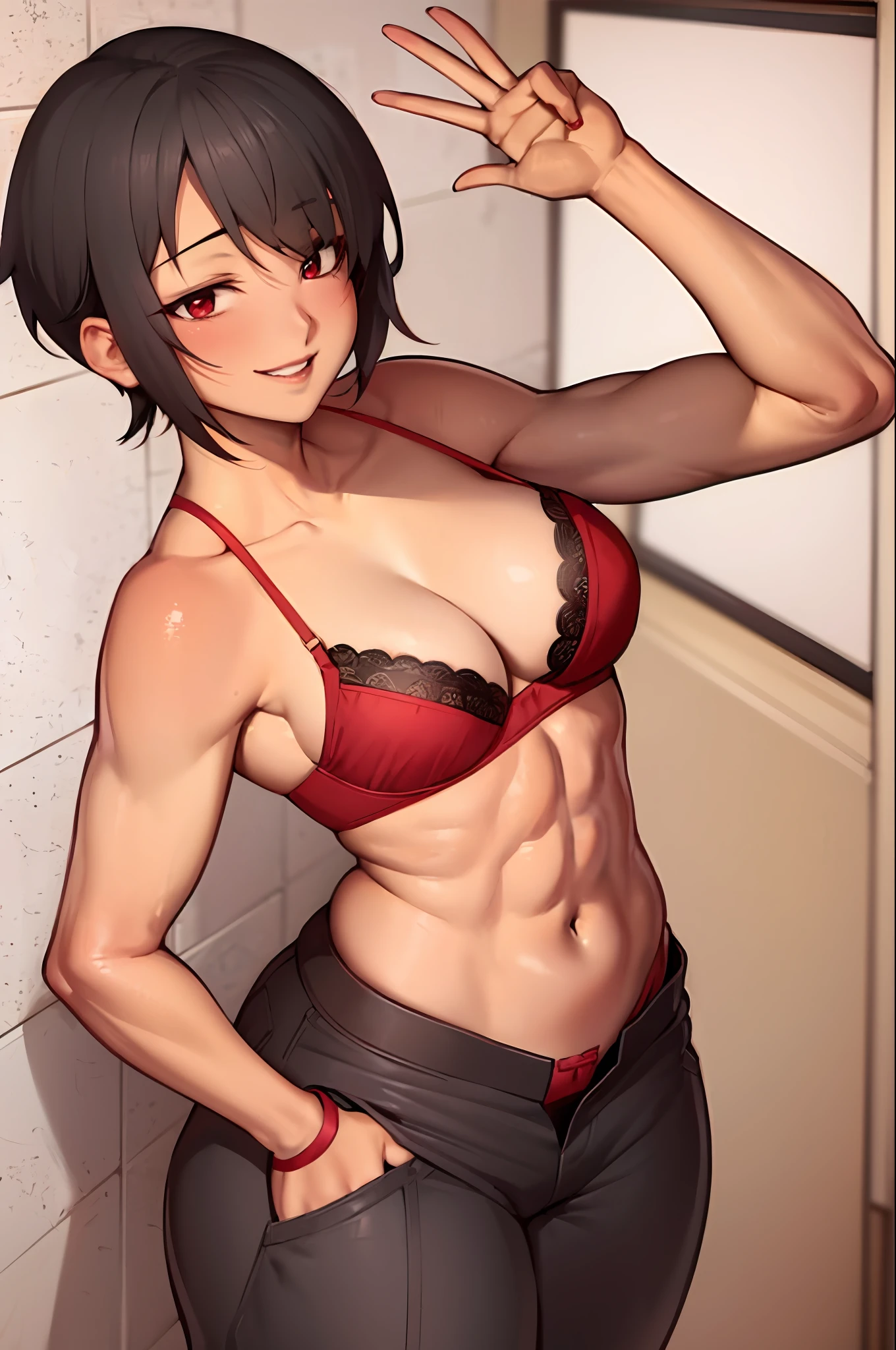 Solo anime girl (1girl) a manga drawing by Kentaro Miura, trending on pixiv, shin hanga, Red bra, (Red Bra) ((No shirt)), baggy pants, Red eyes, toned body, abs, seductive anime girl, teasing smile, Black Hair, Short hair, Hairstyle: Short Pixie Cut (sfw) safe for work, sfw version, top rated on pixiv, oppai, gapmoe yandere, handsome anime pose, hair is short on the sides and on the top