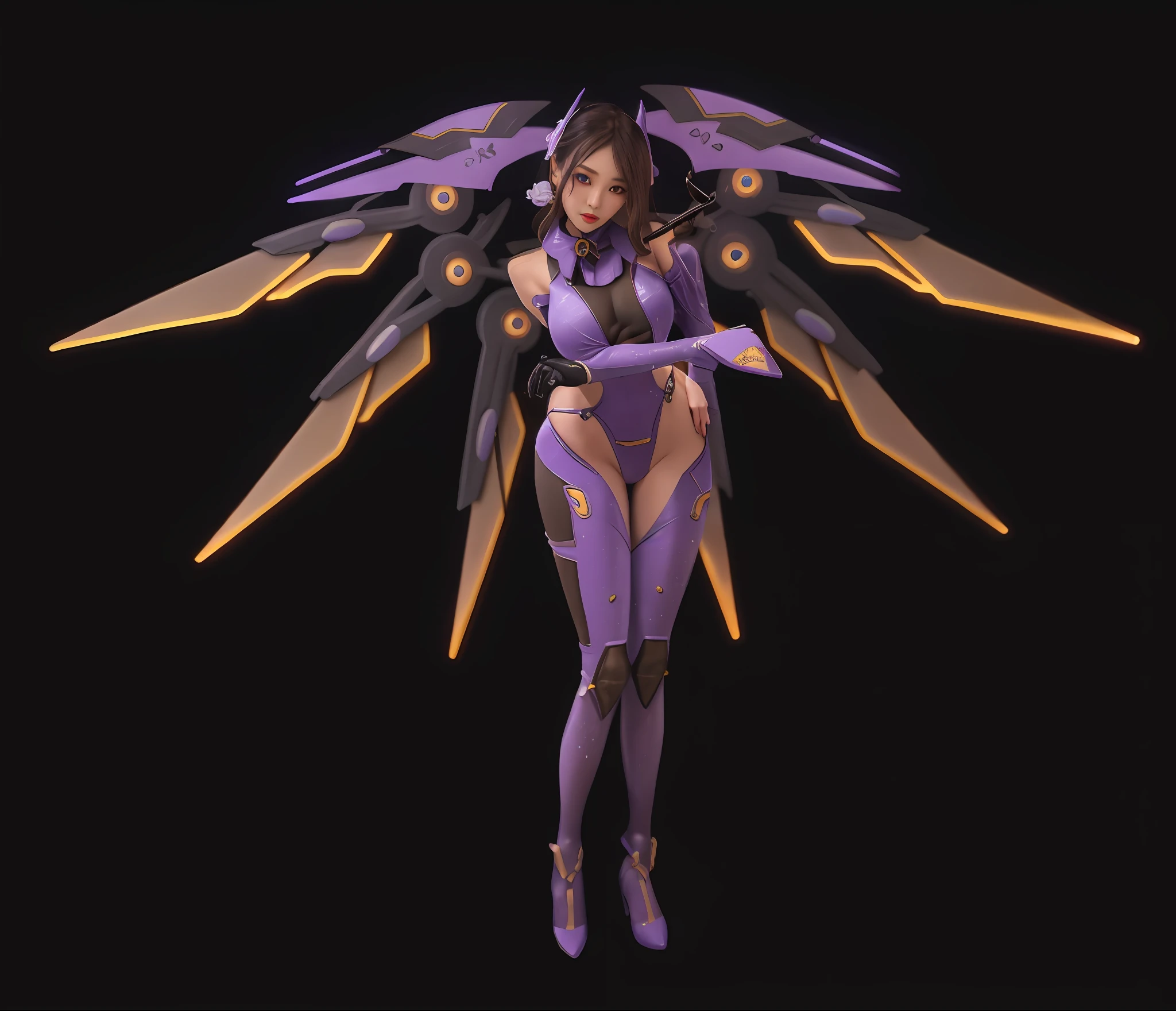 A hyper-realistic、ultra-detailliert、top-quality、hight resolution、Japan goddess posing with cheek cane in purple and gold costume, mech wings,