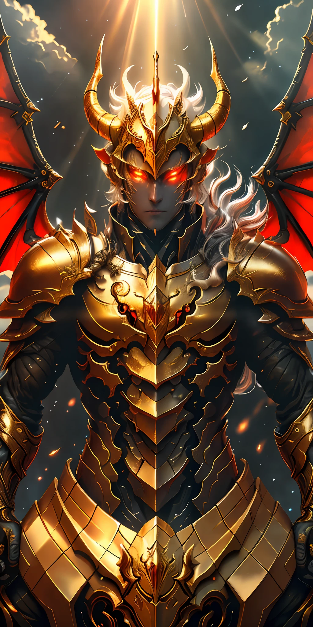 Dragon Knight, glowing eyes, red, gold, reflective, sunlight, blue sky, dramatic lighting, (masterpiece: 1.2), best quality, high resolution, Unity 8k wallpaper, (illustration: 1.0), beautiful details, extremely detailed, perfect lighting, extremely detailed CG, backlight, a pair of large wings on and a pair of small wings under, wlop