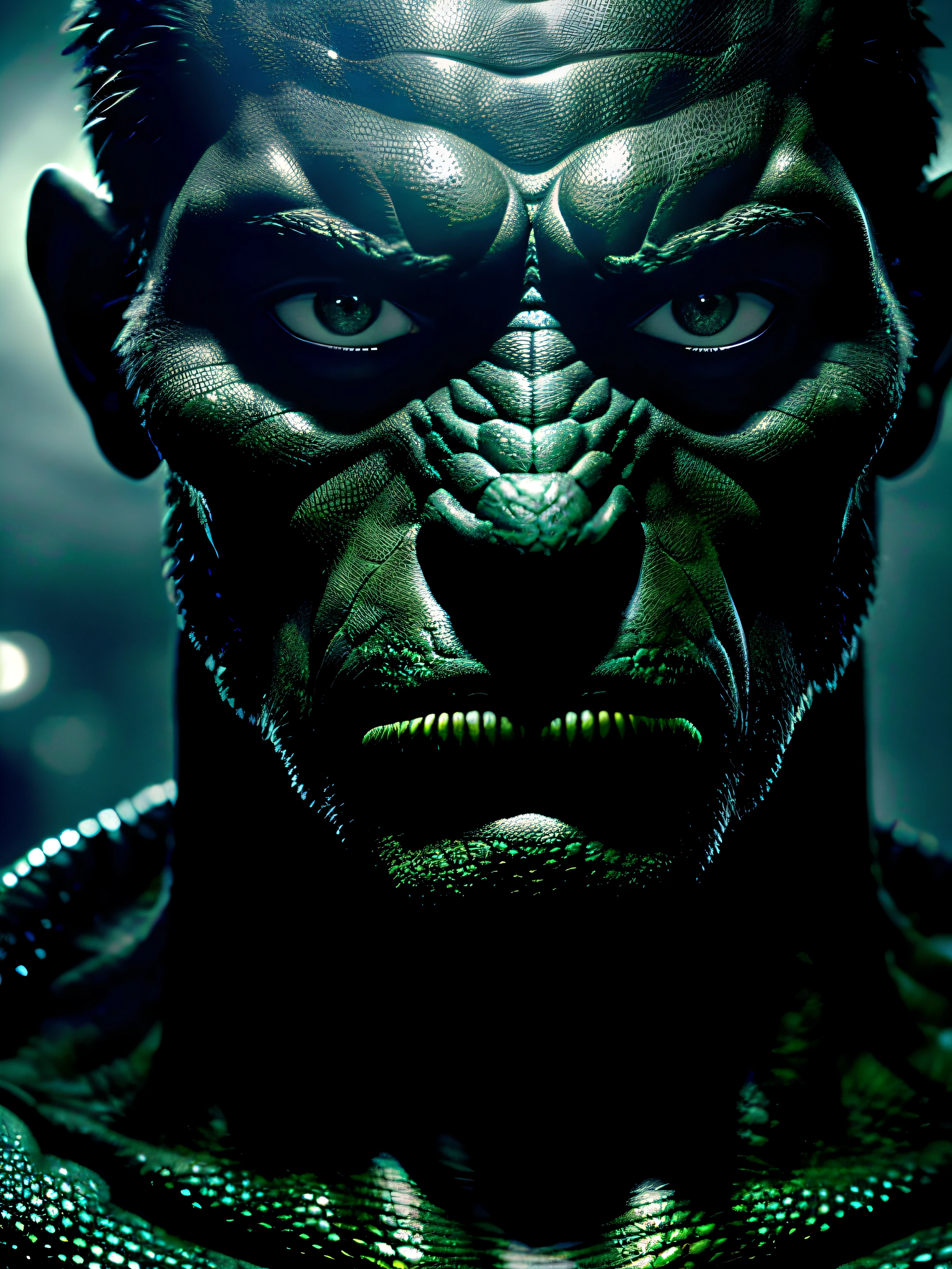 (((La mejor calidad))), ((ultra detallado)), (hyper-realistic), (Highly detailed CG illustration), CinematicLight, fotorrealista, Macho reptiliano  humanoide de cuerpo completo, with the scaled face of extremely beautiful and young, con el iris del ojo del reptil anfibio y con los dos pechos extremadamente grandes.