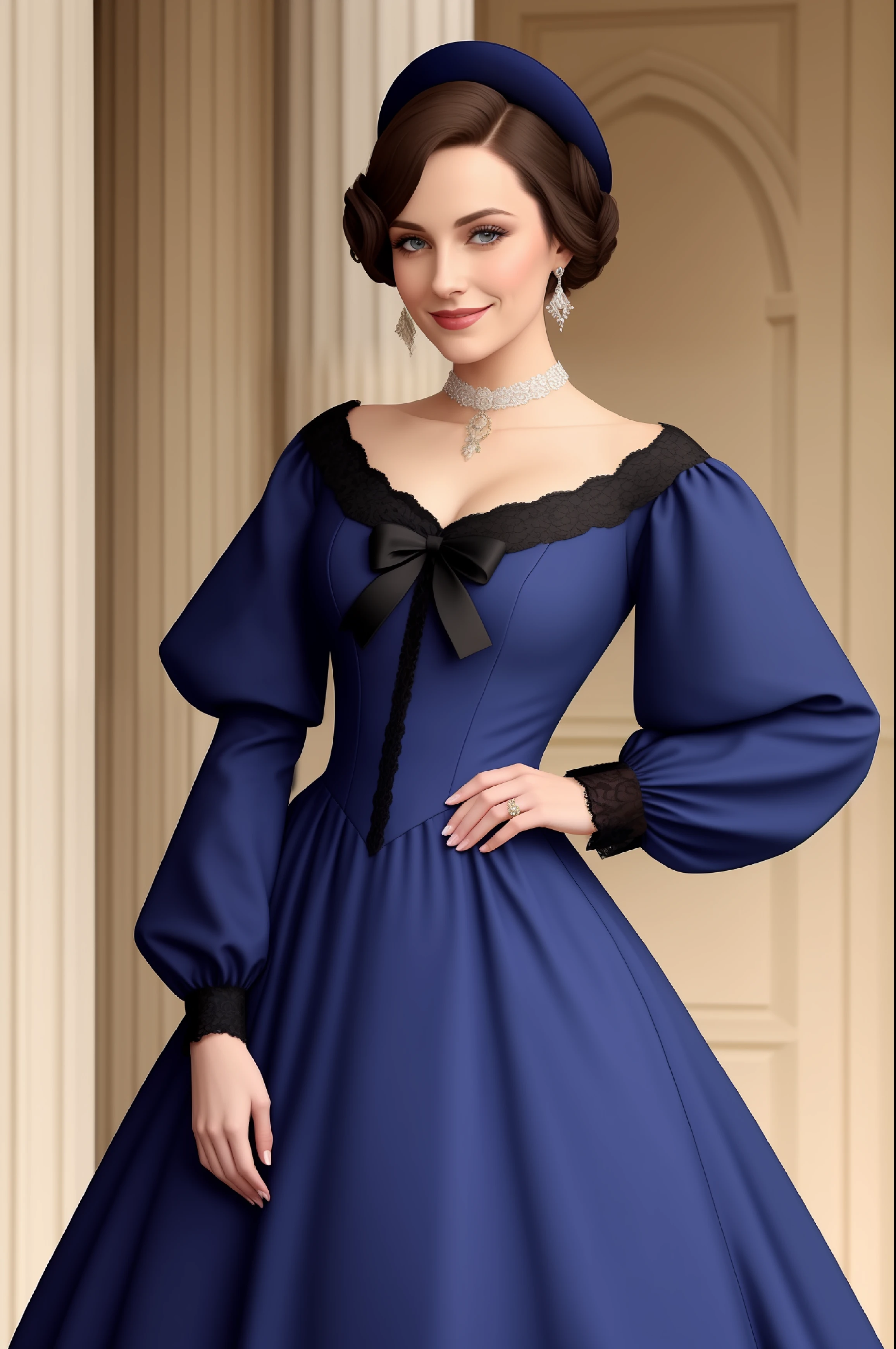 Mulher vestida com um vestido azul escuro e ela tem cabelo castanho. She's a white woman, com olhos pretos e cabelos castanhos. Her dress is that of the Queen of France in the times of the French Revolution. She has a serious countenance, but keeps a fake smile. somente uma mulher