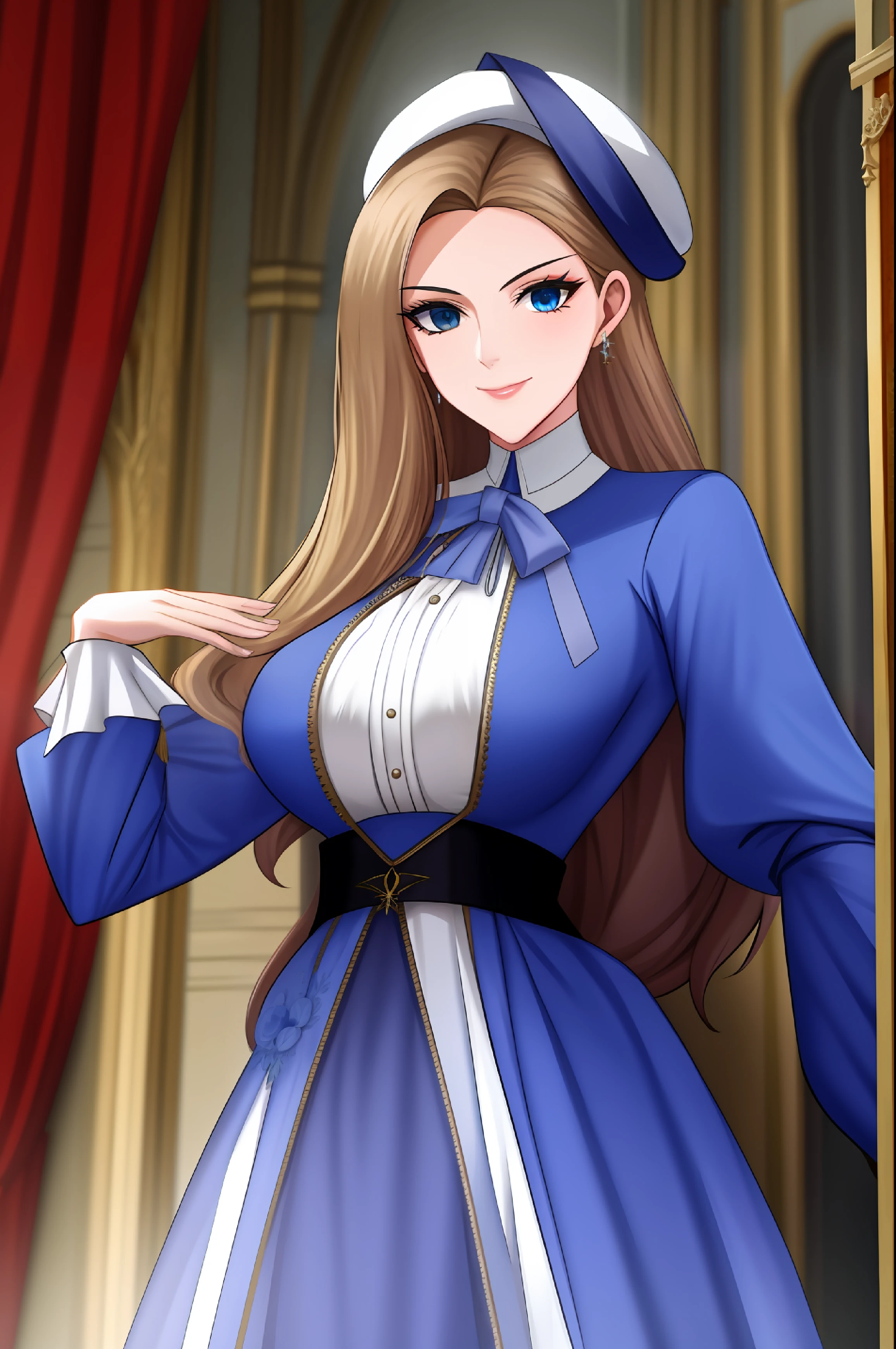 Mulher vestida com um vestido azul escuro e ela tem cabelo castanho. She's a white woman, com olhos pretos e cabelos castanhos. Her dress is that of the Queen of France in the times of the French Revolution. She has a serious countenance, but keeps a fake smile.