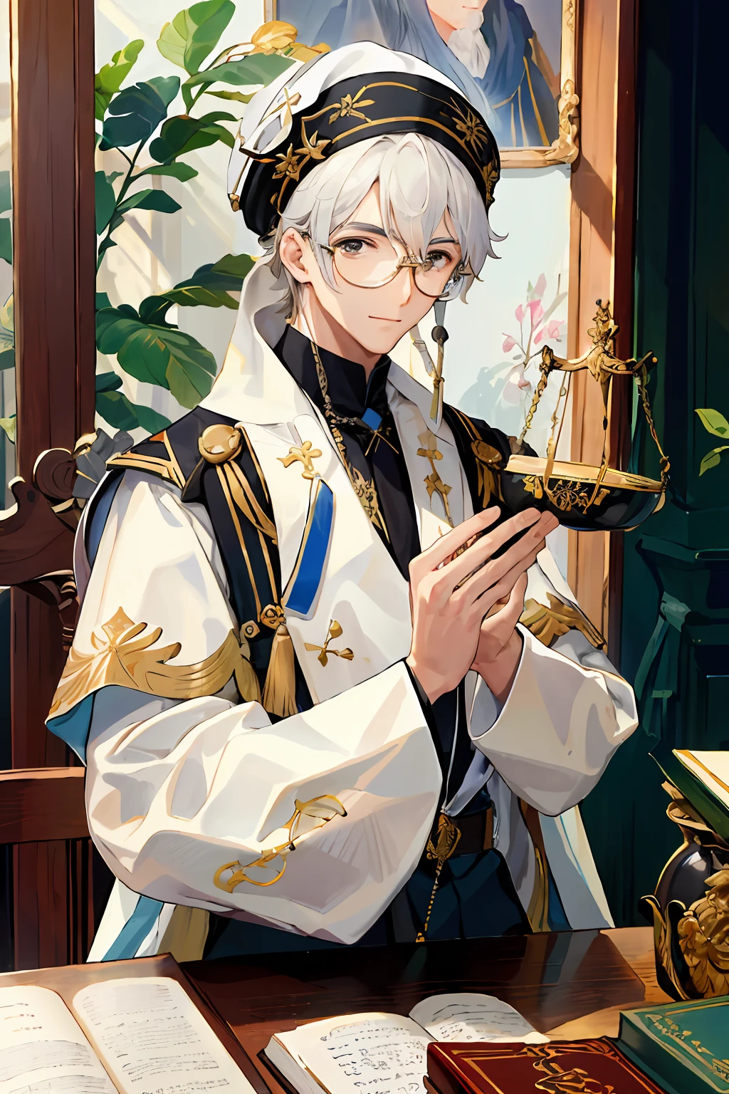 (obra-prima:1.4), (melhor qualidade:1.4), realista, 1 homem idoso, Francisco Cândido Xavier \(Fate\), long white tunic, biblioteca, wearing goggles, religioso, cabelo grisalho