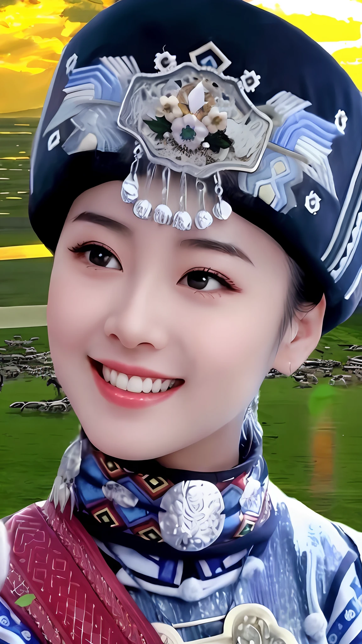 Close-up of a woman wearing a hat and scarf, Chinese woman, Chinese girl, Chinese traditional, beatiful smiling face, Lovely smile, beautiful and smiling, Traditional beauty, pretty face sharp chine, beatiful smiling face, Beautiful smile, Chinese style, Oriental face, inspired by Li Mei-shu, Palace ， A girl in Hanfu, she's smiling