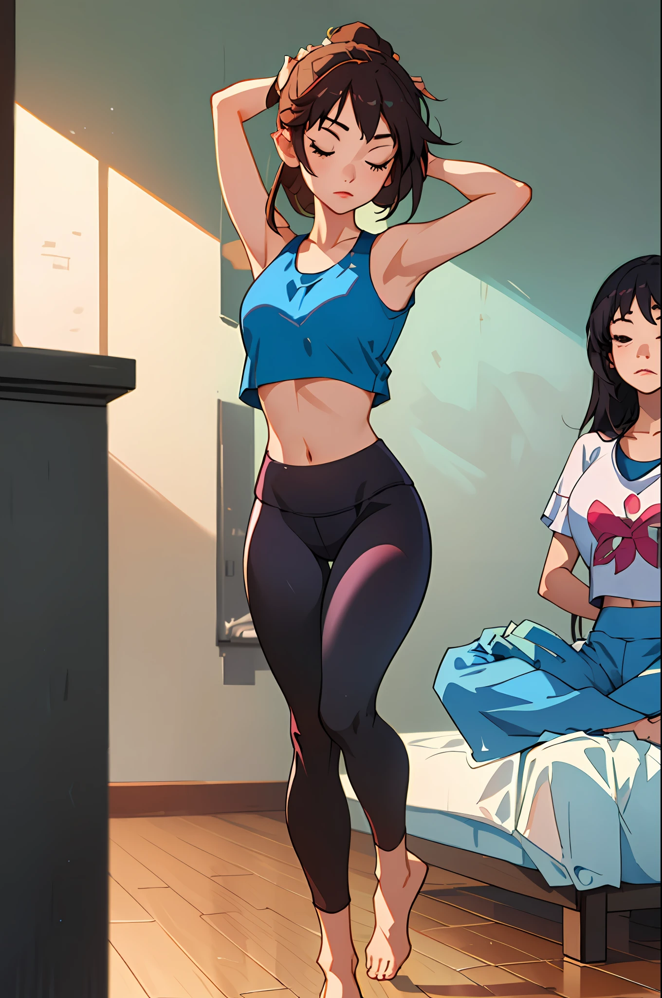 (best quality, masterpiece), 1girl, meditating, yoga pants, crop top, apartment,